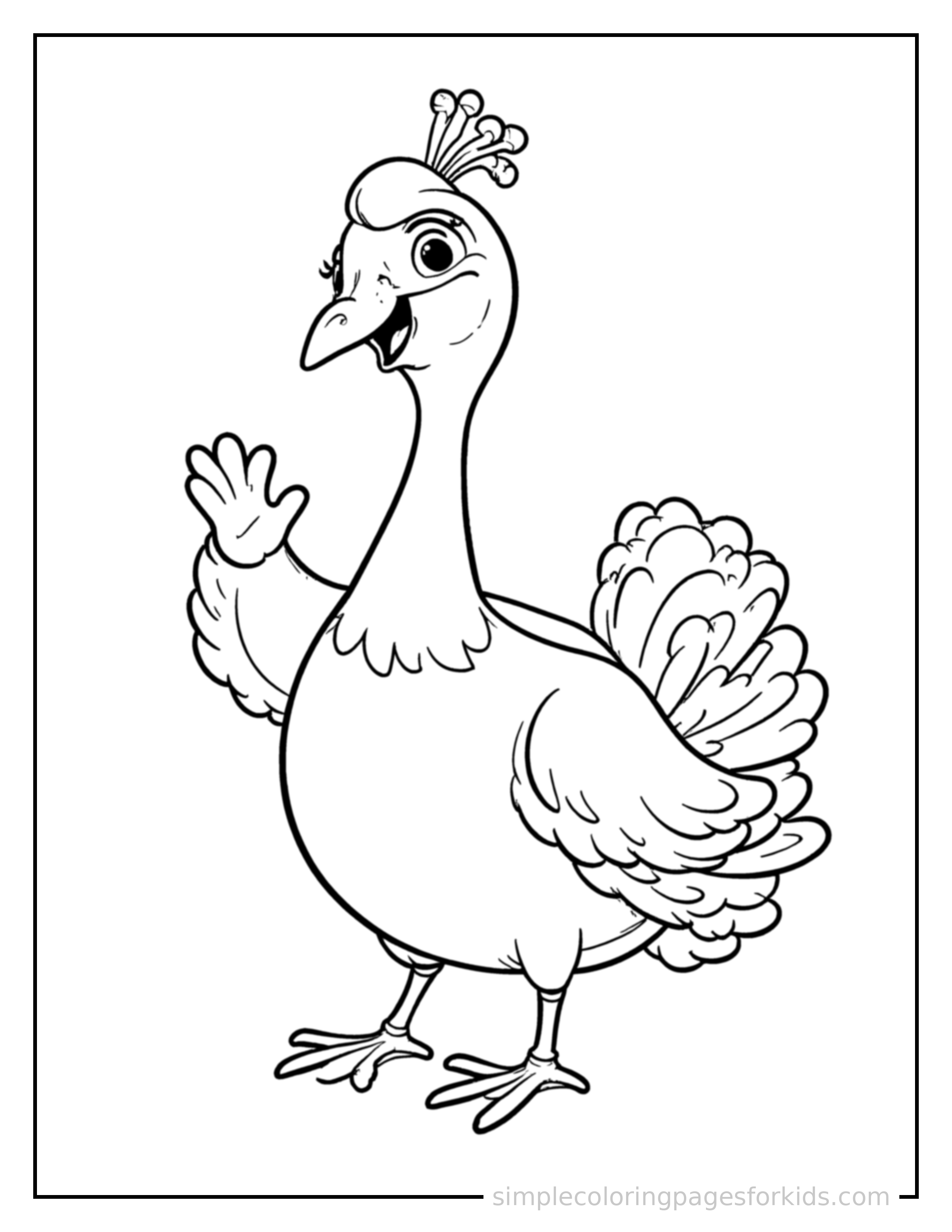 Free printable peacock coloring page featuring a cute peacock sitting up tall with a big cheerful grin, head tilted slightly, one paw raised in a wave.