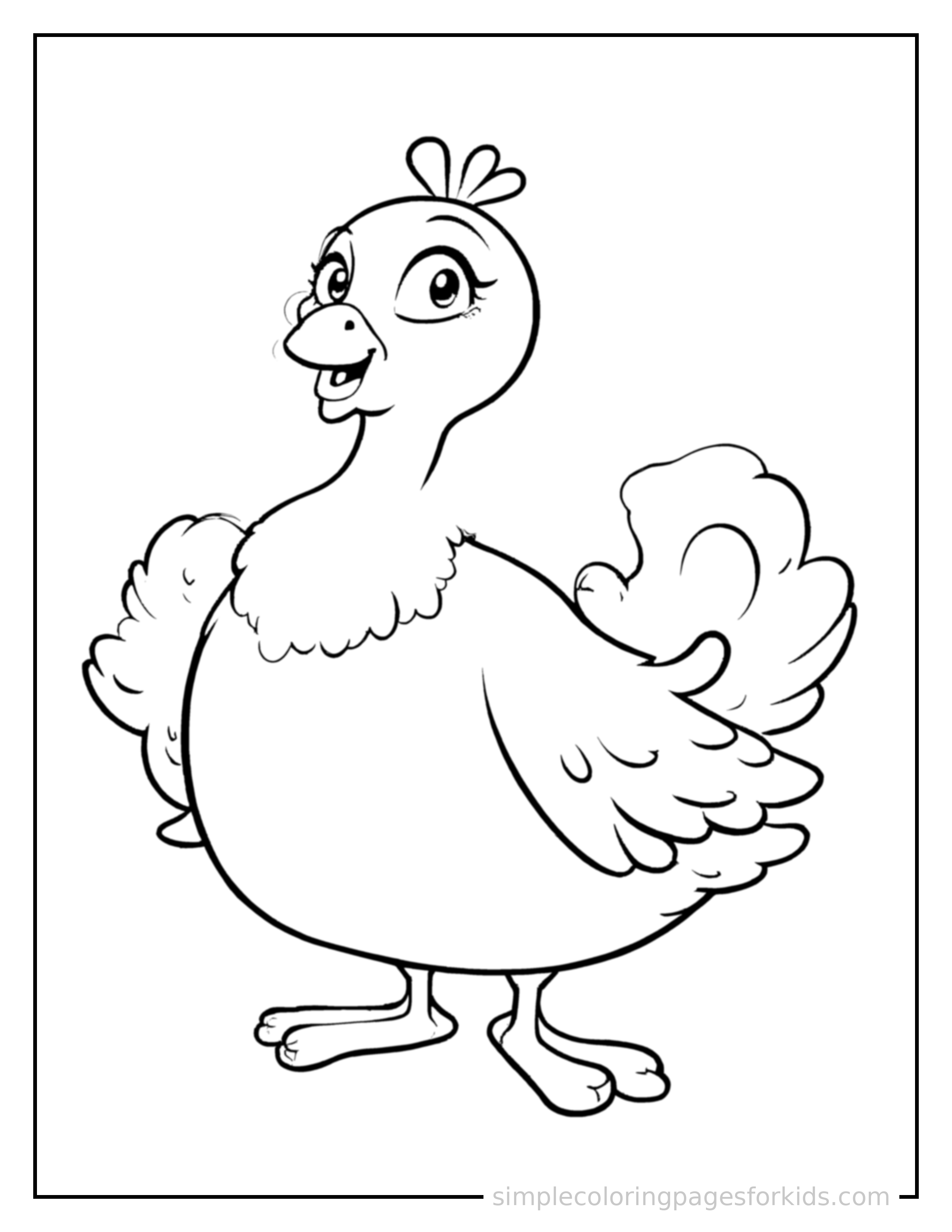 Free printable peacock coloring page featuring a cute peacock standing proudly on all fours, chest puffed out, big sparkling happy eyes, mouth open in a joyful smile.