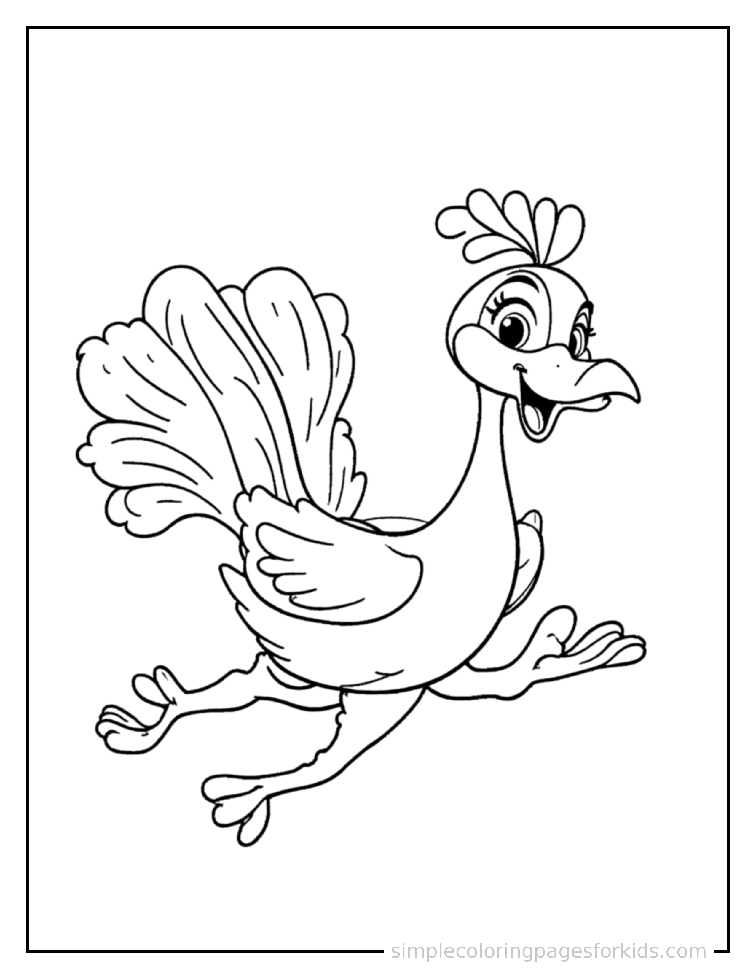 Free printable peacock coloring page featuring a cute peacock galloping forward at full speed, tongue out, ears flying back, big happy grin.