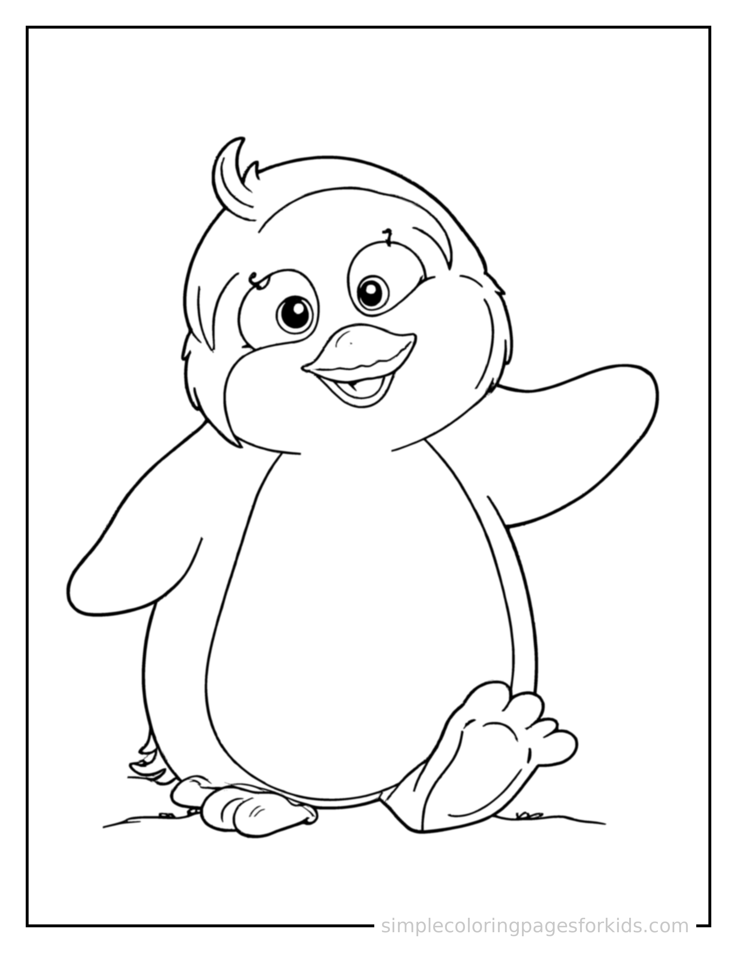 Free printable penguin coloring page featuring a cute penguin sitting up tall with a big cheerful grin, head tilted slightly, one paw raised in a wave.