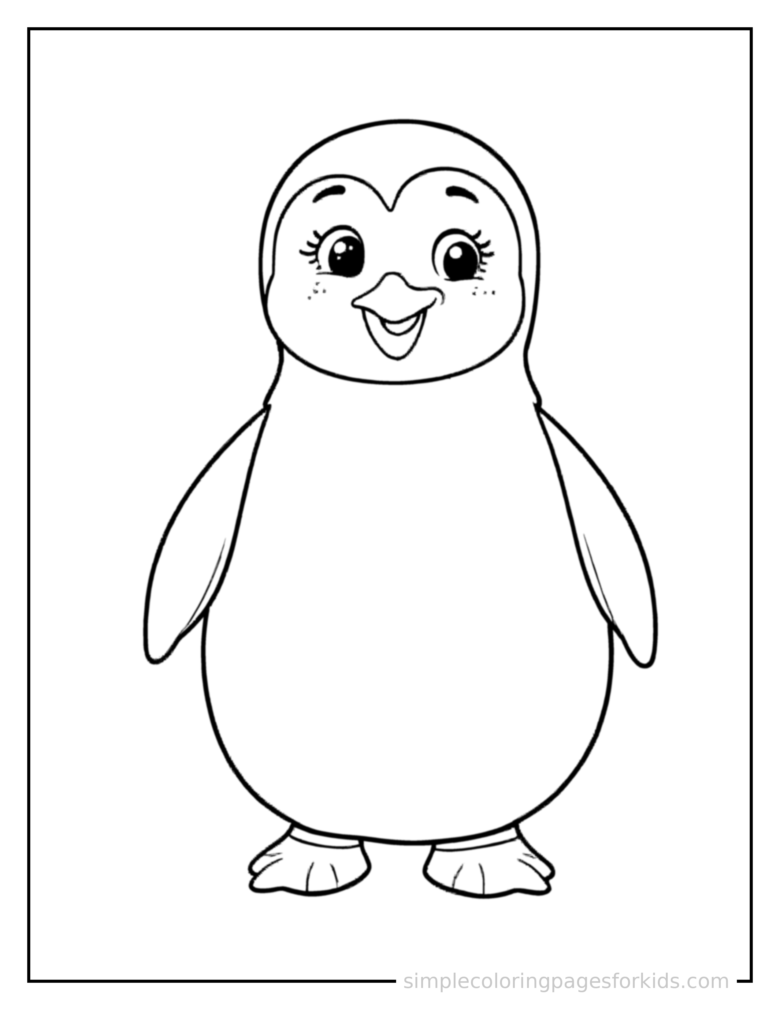 Free printable penguin coloring page featuring a cute penguin standing proudly on all fours, chest puffed out, big sparkling happy eyes, mouth open in a joyful smile.