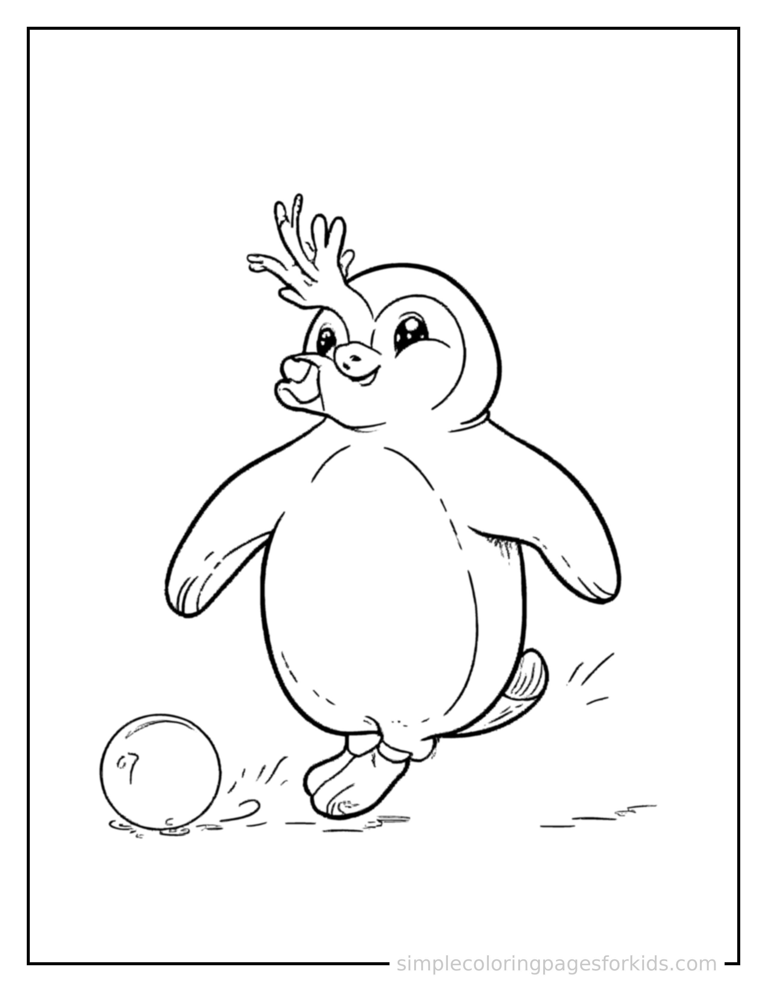 Free printable penguin coloring page featuring a cute penguin mid-bounce chasing a round ball, front paws stretched forward, mouth open with excitement, ears flopping.