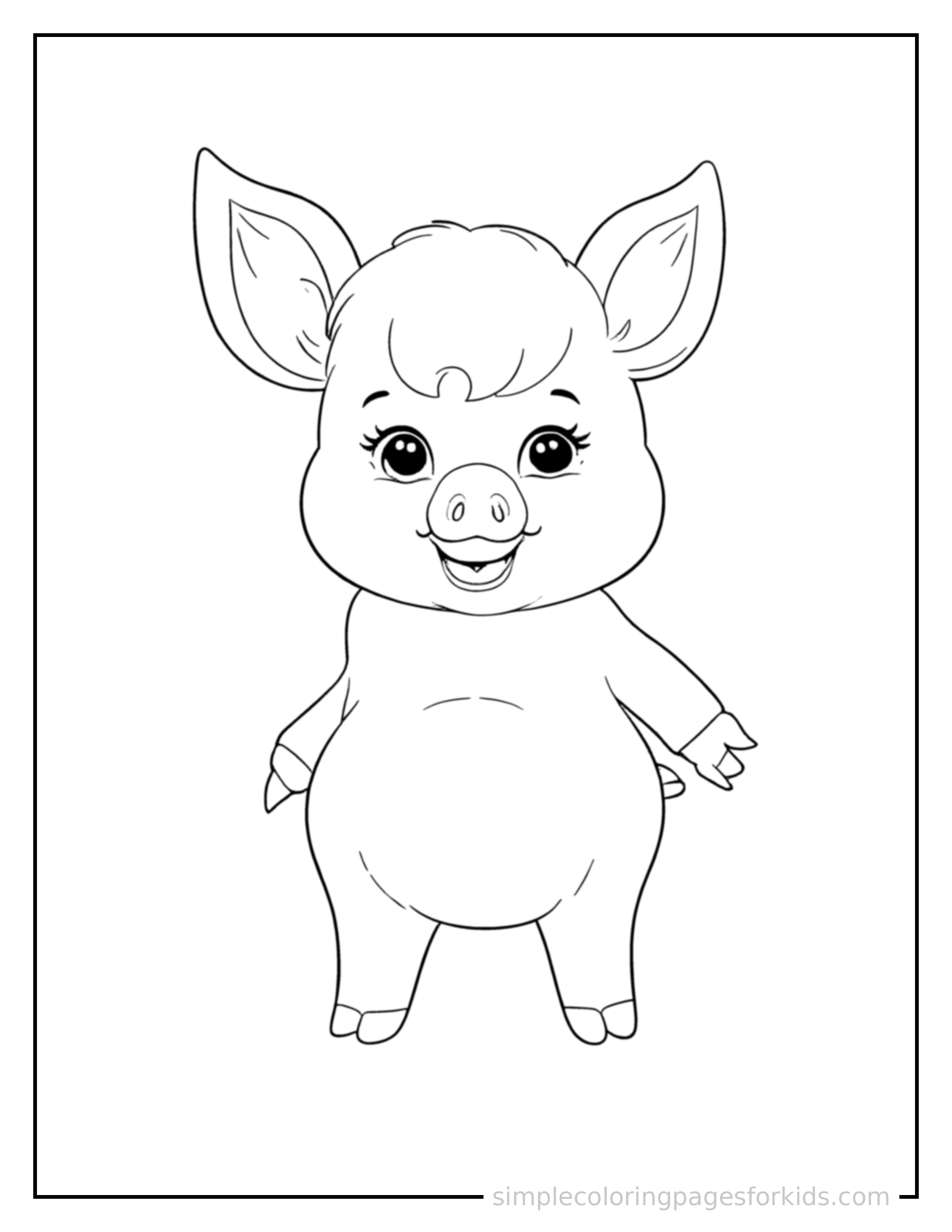 Free printable pig coloring page featuring a cute pig standing proudly on all fours, chest puffed out, big sparkling happy eyes, mouth open in a joyful smile.