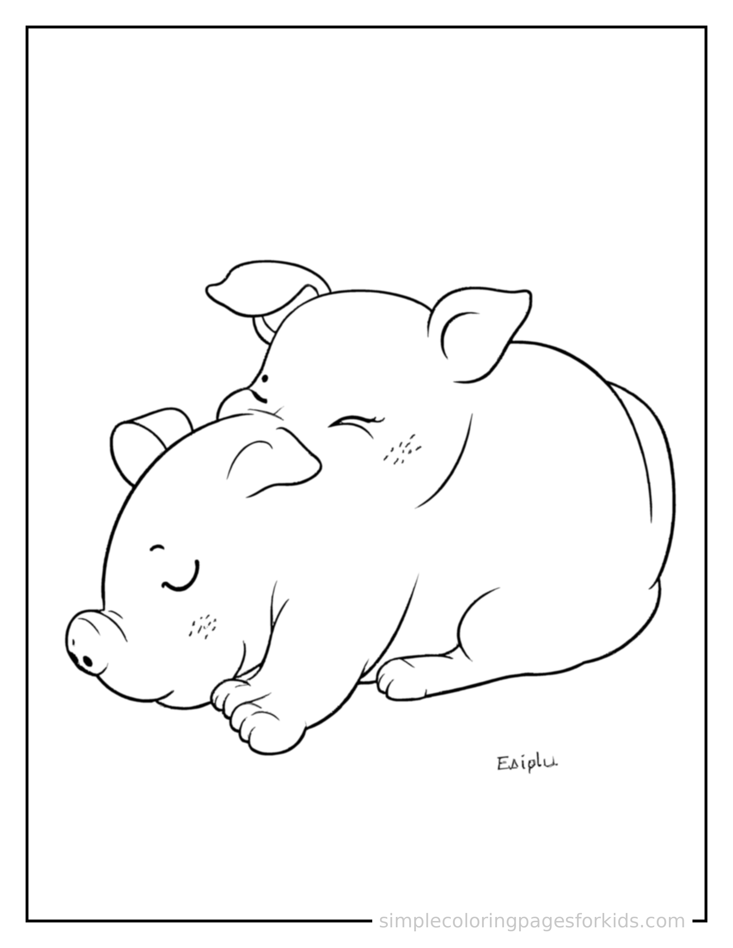 Free printable pig coloring page featuring a cute pig curled up fast asleep, peaceful smile, one eye scrunched shut, paws tucked under its chin.
