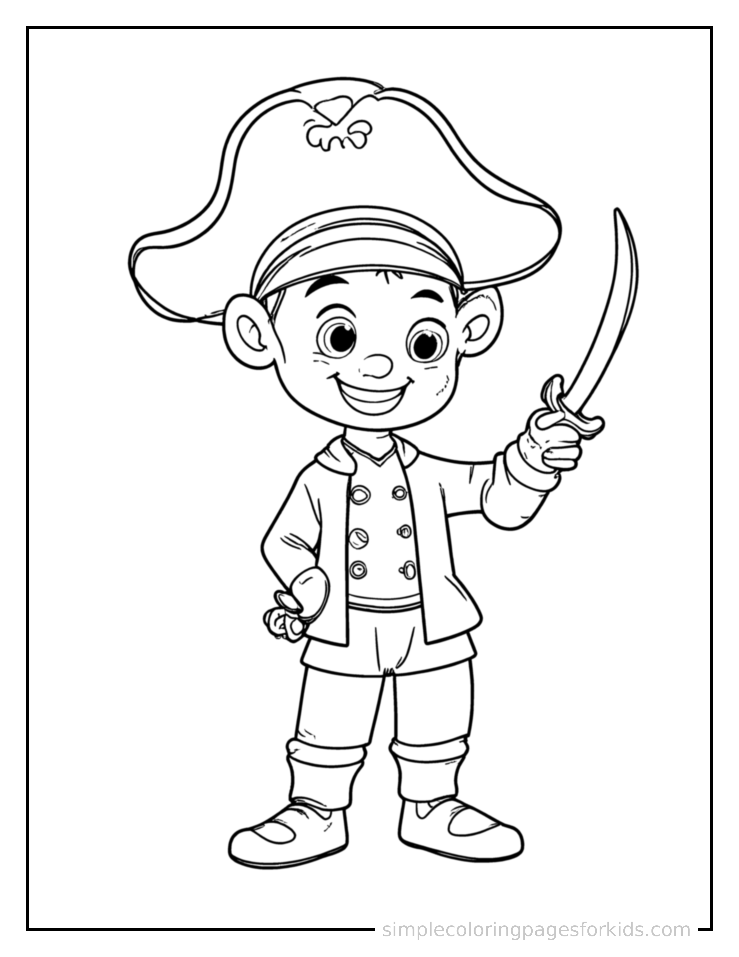 Free printable pirate captain coloring page featuring a cute pirate captain wearing a hat and holding a small toy sword standing tall with a big cheerful grin, one hand raised in a wave, head tilted slightly.