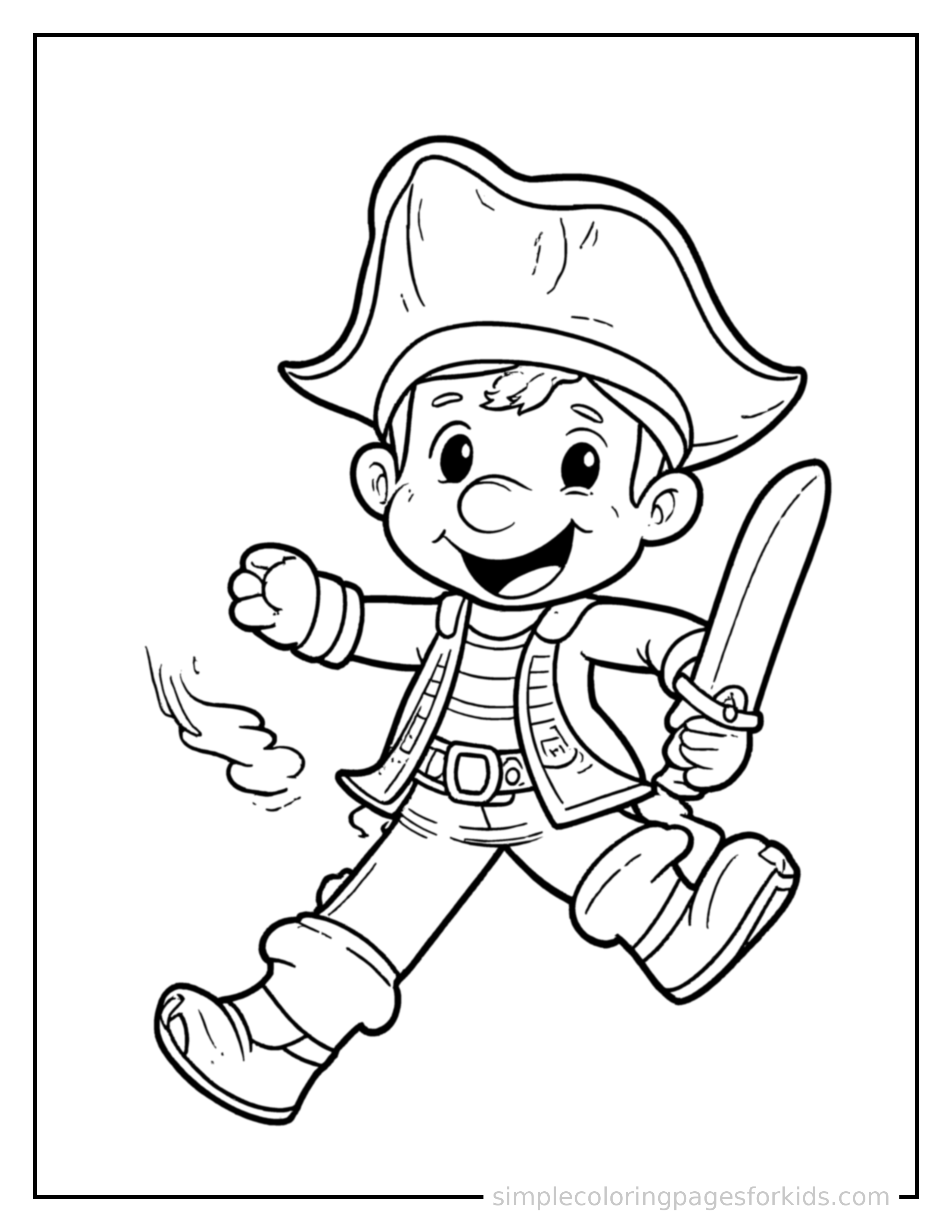 Free printable pirate captain coloring page featuring a cute pirate captain wearing a hat and holding a small toy sword running forward at full speed, arms pumping, big happy grin.