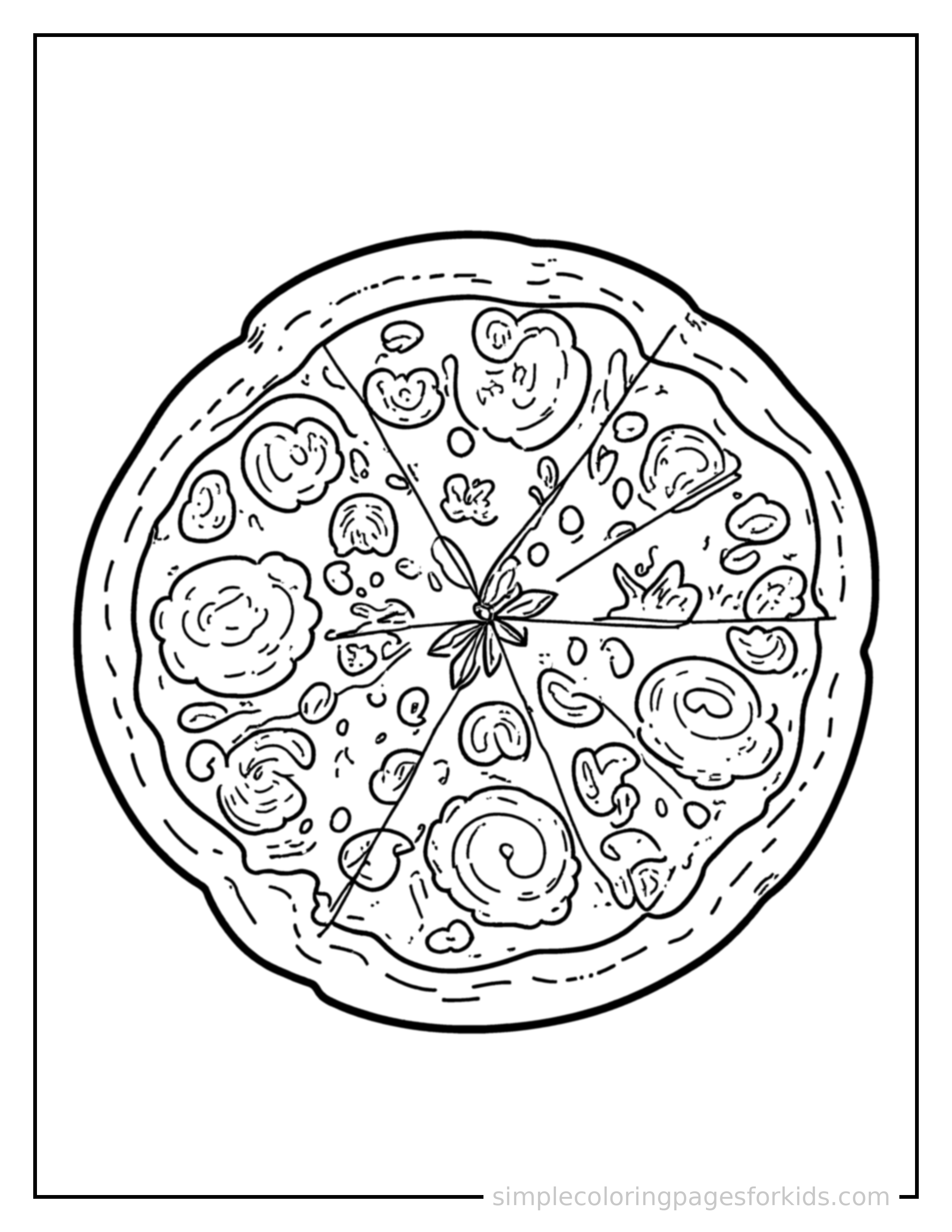 Free printable pizza coloring page featuring a pizza topped with vegetables.