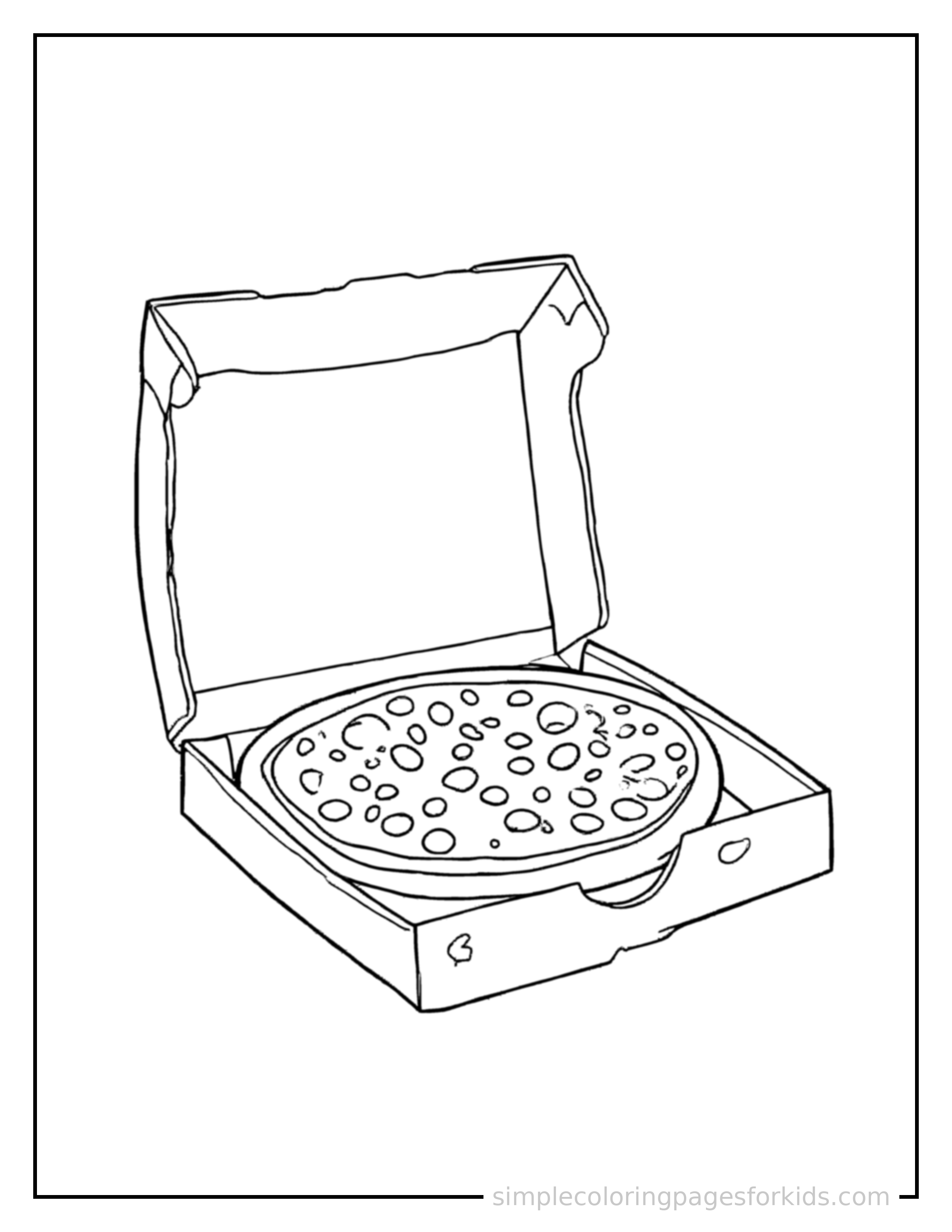 Free printable pizza coloring page featuring a pizza box open with a pizza inside.