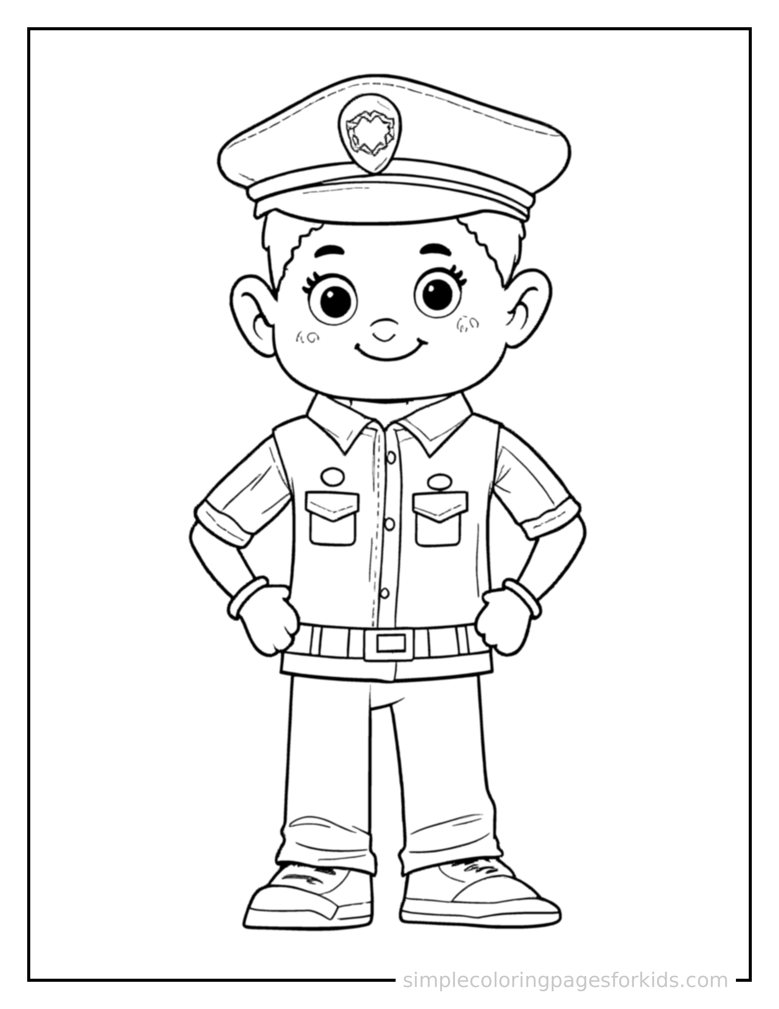 Free printable police officer coloring page featuring a cute police officer wearing a hat and a badge standing proudly with hands on hips, chest out, big sparkling happy eyes and open smile.