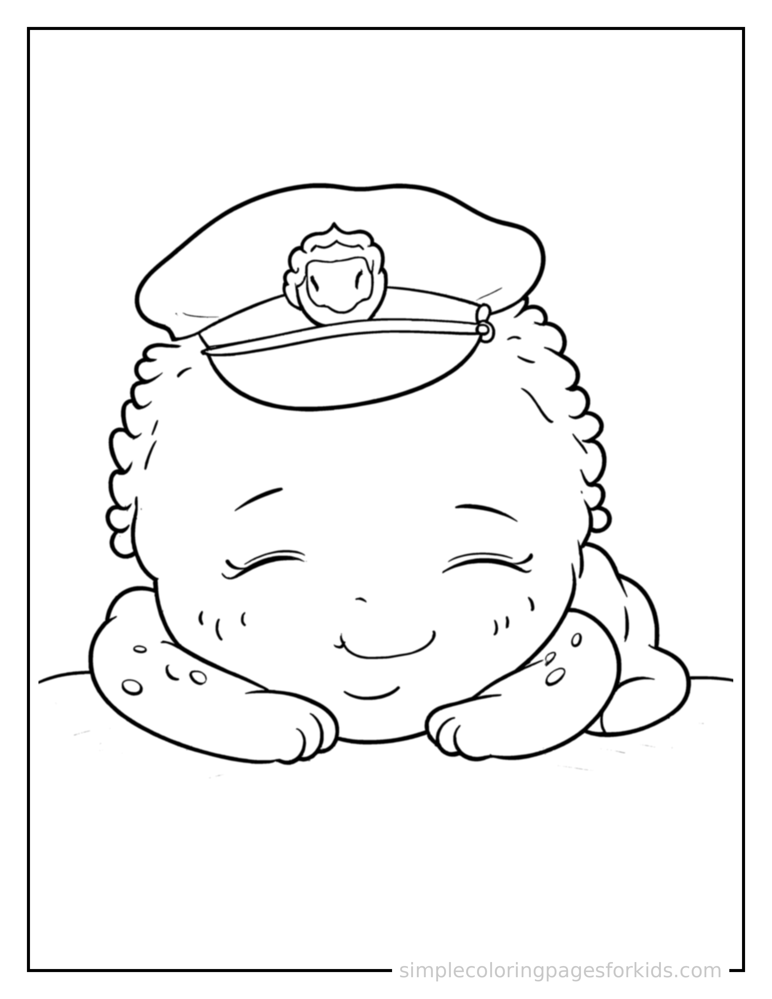 Free printable police officer coloring page featuring a cute police officer wearing a hat and a badge curled up fast asleep, peaceful smile, one eye scrunched shut, hands tucked under the chin.