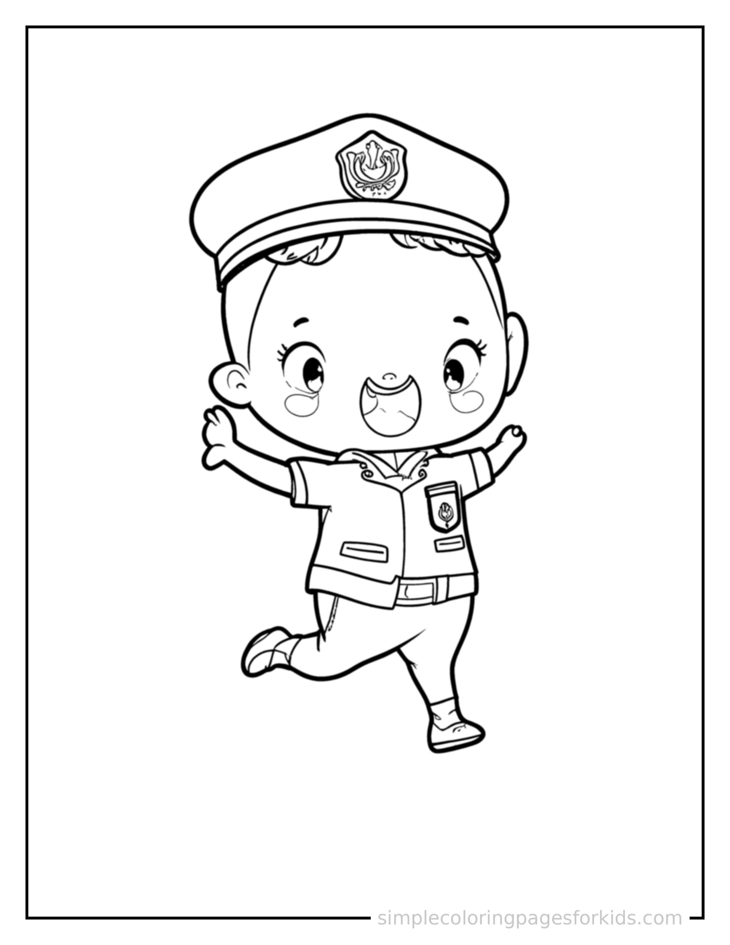 Free printable police officer coloring page featuring a cute police officer wearing a hat and a badge mid-jump with arms and legs stretched out playfully, mouth open with excitement.