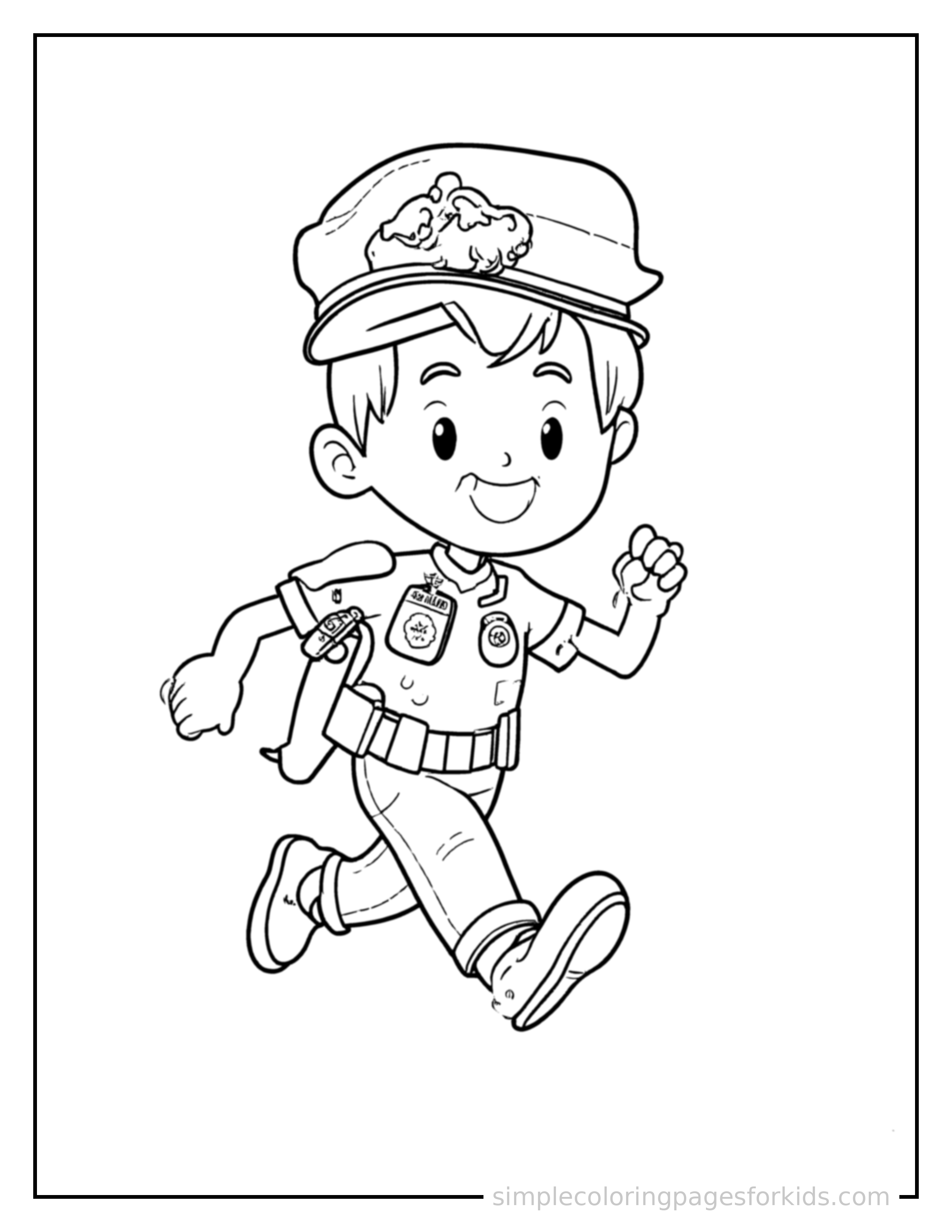 Free printable police officer coloring page featuring a cute police officer wearing a hat and a badge running forward at full speed, arms pumping, big happy grin.