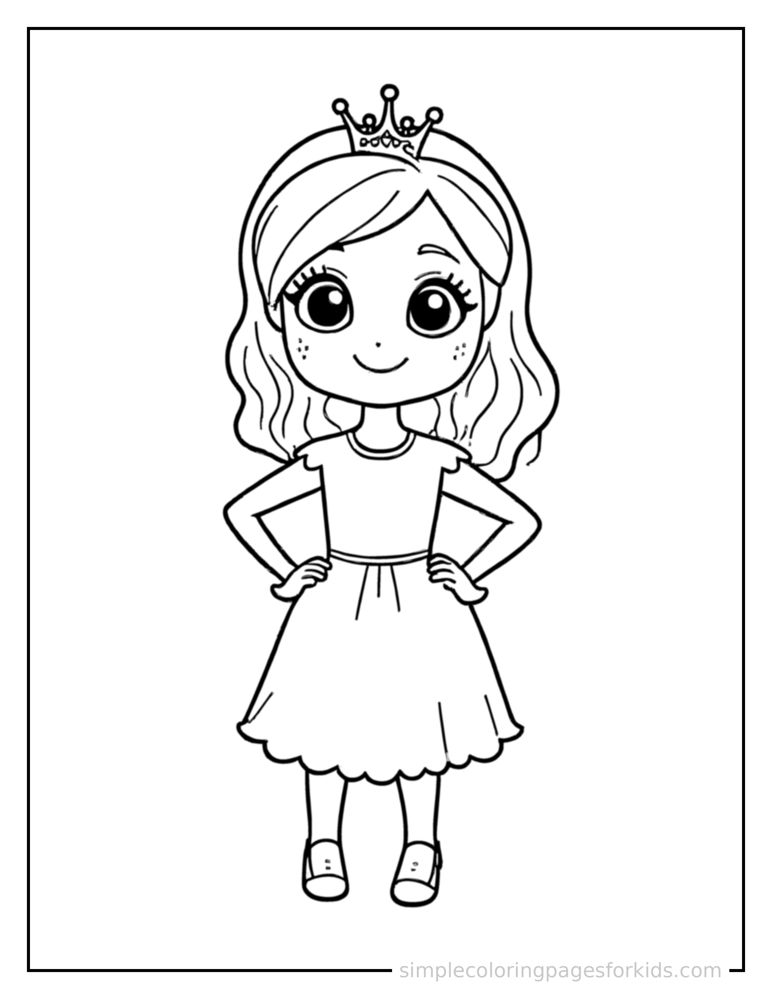 Free printable princess coloring page featuring a cute princess wearing a simple dress and crown standing proudly with hands on hips, chest out, big sparkling happy eyes and open smile.