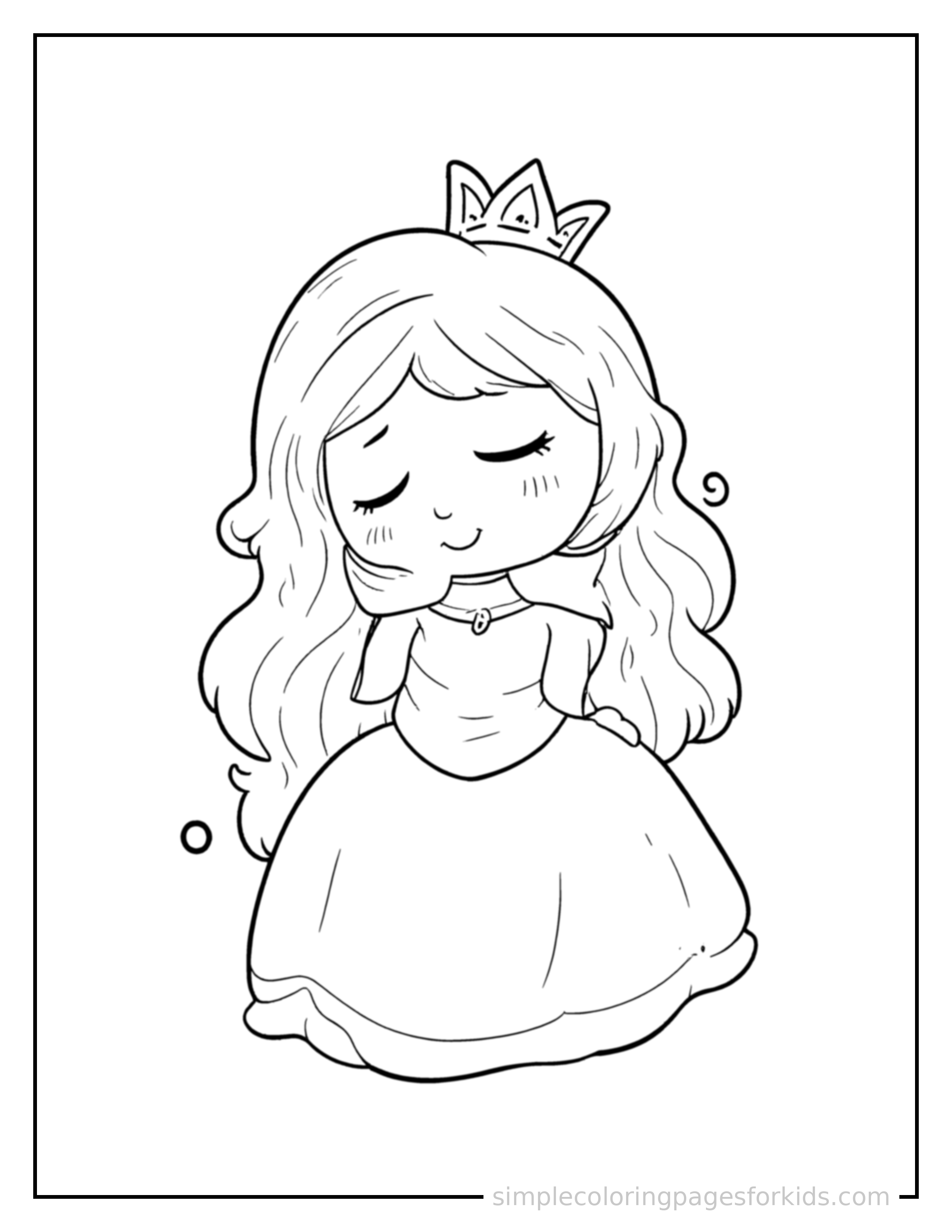 Free printable princess coloring page featuring a cute princess wearing a simple dress and crown curled up fast asleep, peaceful smile, one eye scrunched shut, hands tucked under the chin.