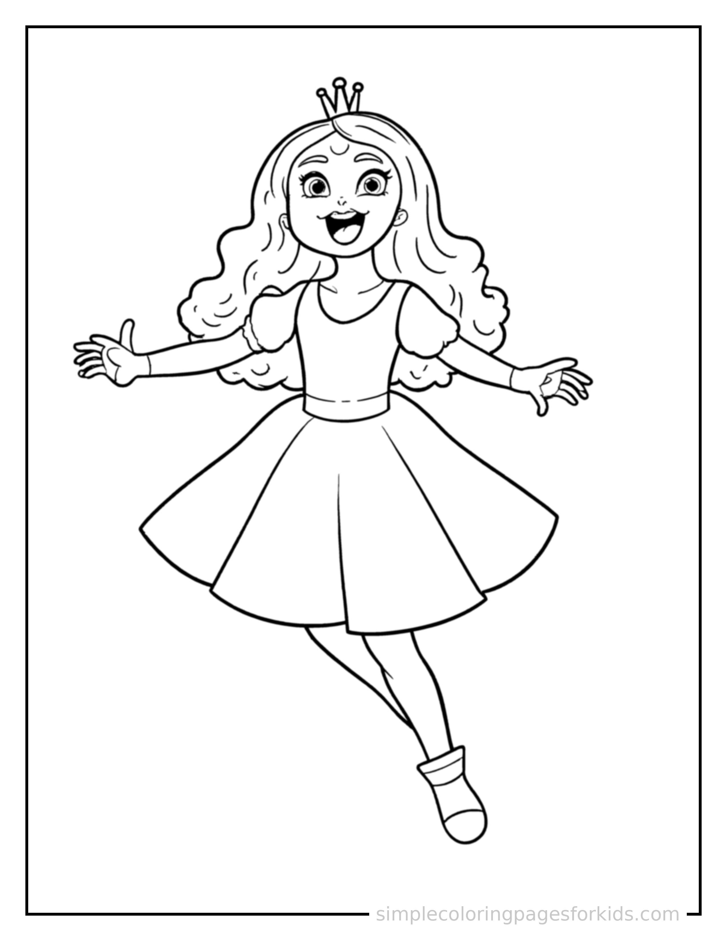 Free printable princess coloring page featuring a cute princess wearing a simple dress and crown mid-jump with arms and legs stretched out playfully, mouth open with excitement.