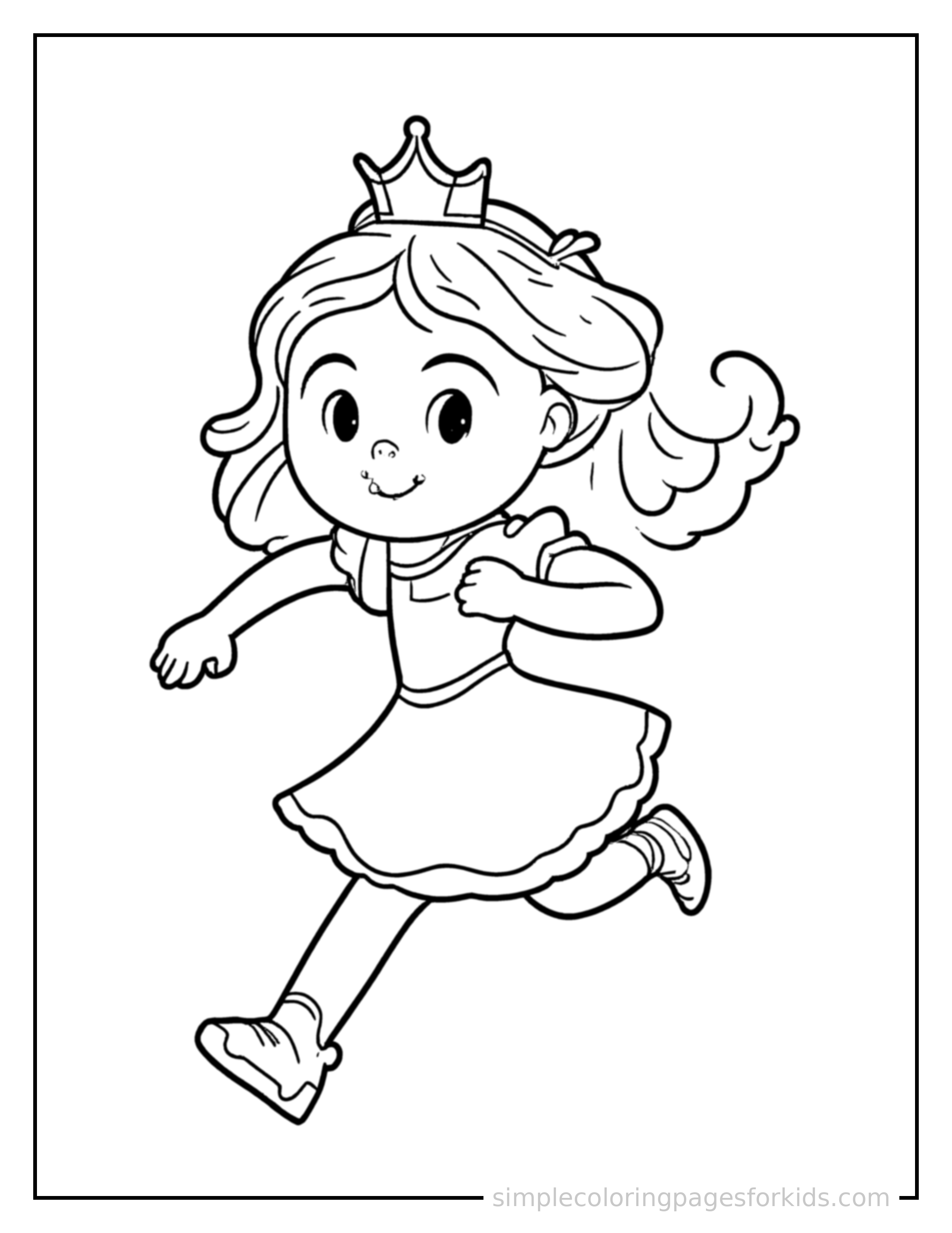 Free printable princess coloring page featuring a cute princess wearing a simple dress and crown running forward at full speed, arms pumping, big happy grin.