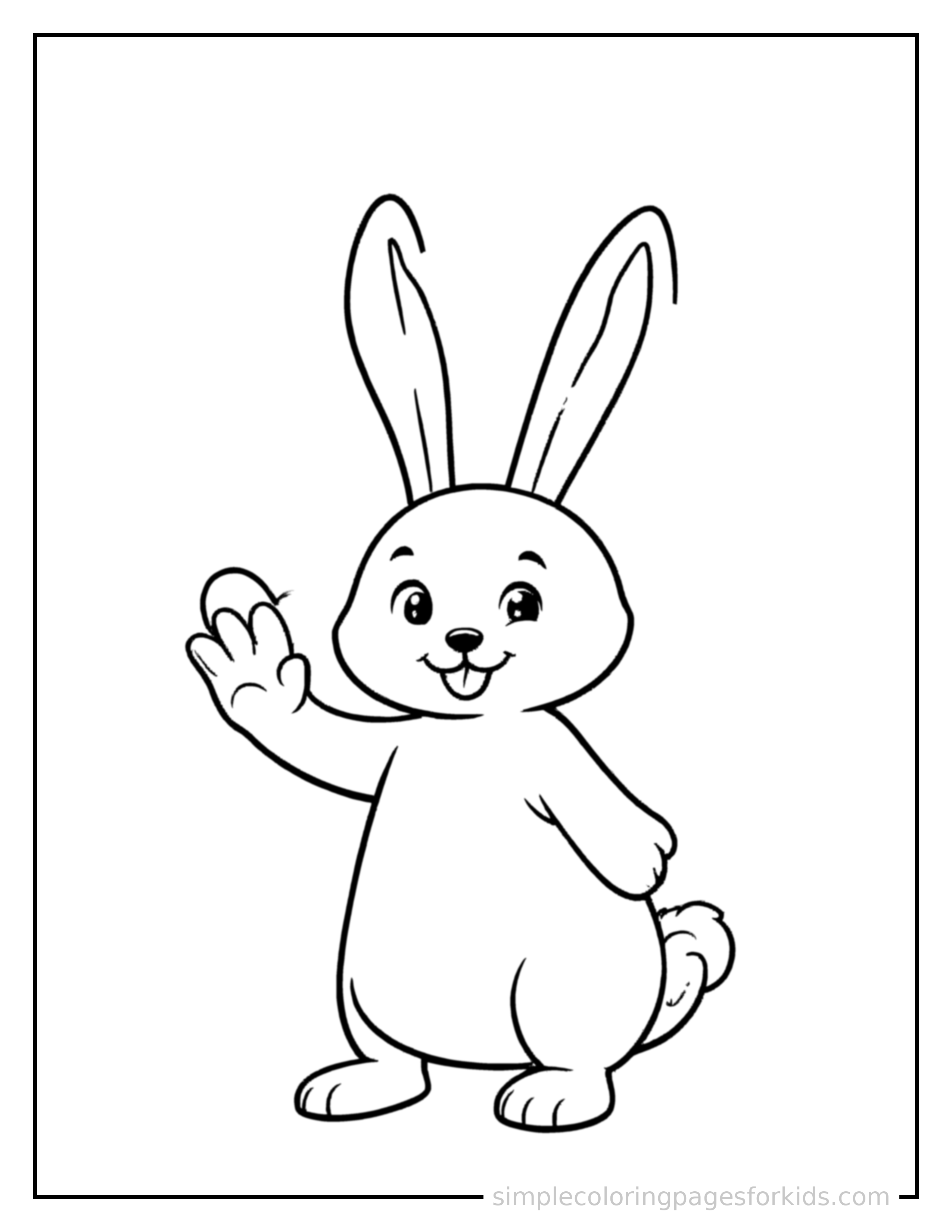 Free printable rabbit coloring page featuring a cute rabbit sitting up tall with a big cheerful grin, head tilted slightly, one paw raised in a wave.