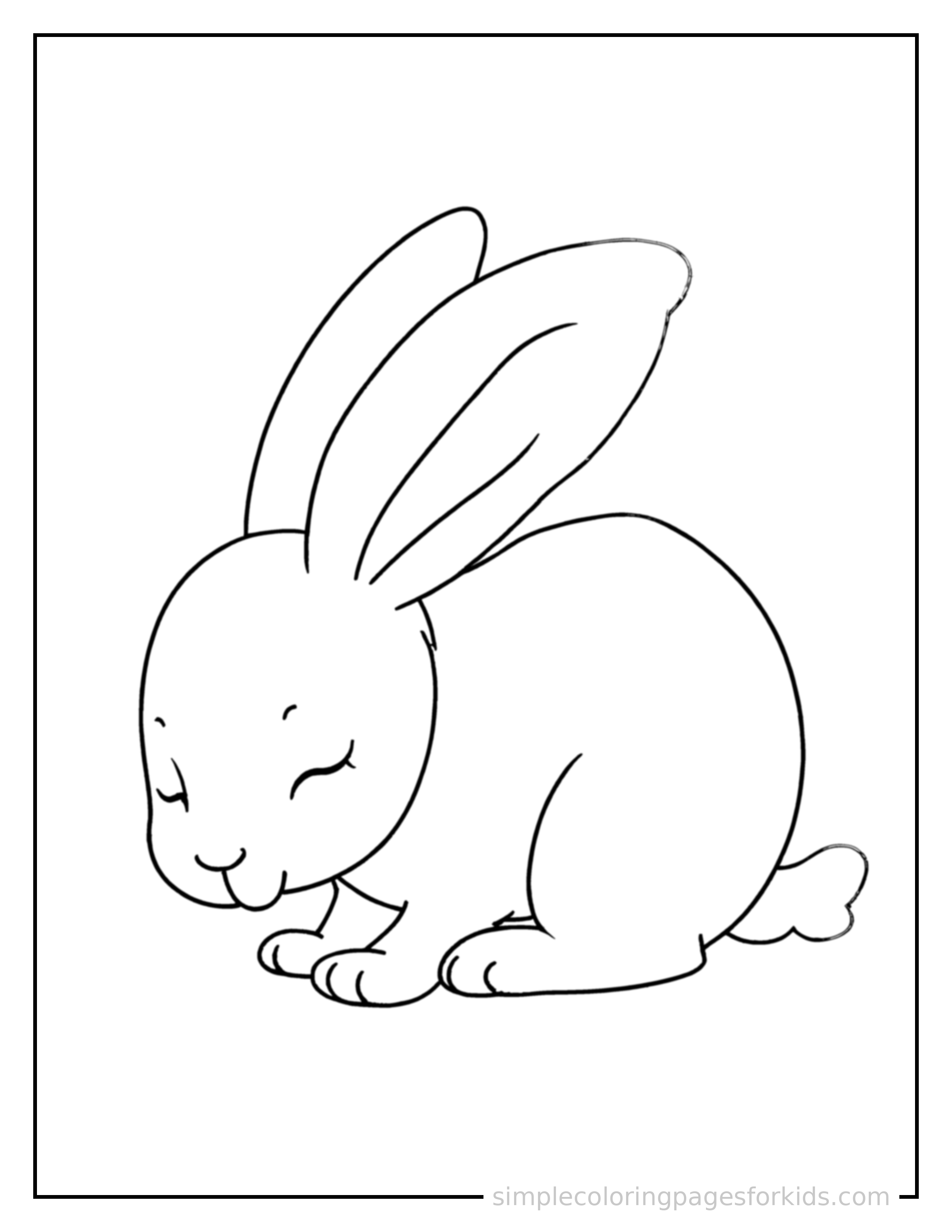 Free printable rabbit coloring page featuring a cute rabbit curled up fast asleep, peaceful smile, one eye scrunched shut, paws tucked under its chin.