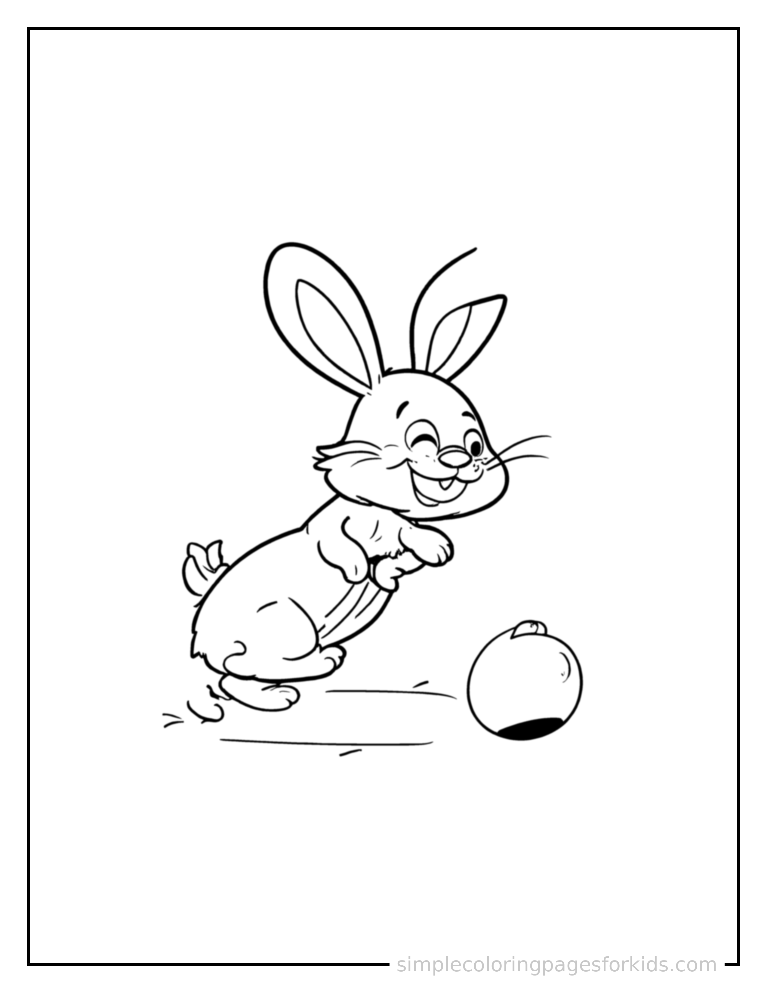 Free printable rabbit coloring page featuring a cute rabbit mid-bounce chasing a round ball, front paws stretched forward, mouth open with excitement, ears flopping.