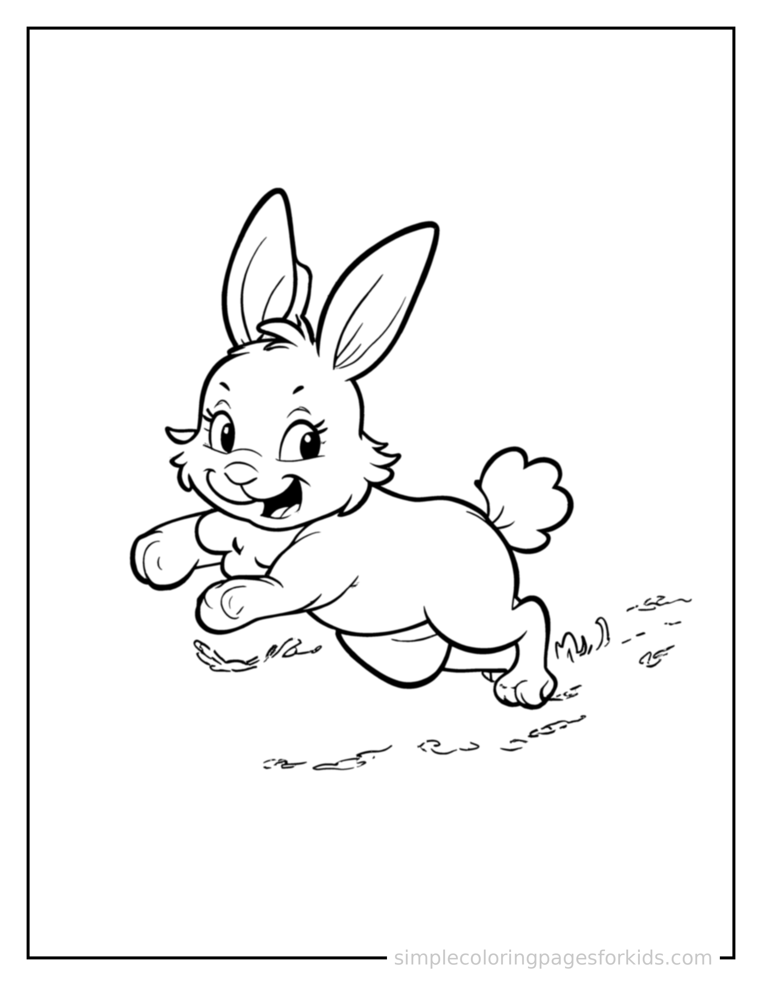 Free printable rabbit coloring page featuring a cute rabbit galloping forward at full speed, tongue out, ears flying back, big happy grin.