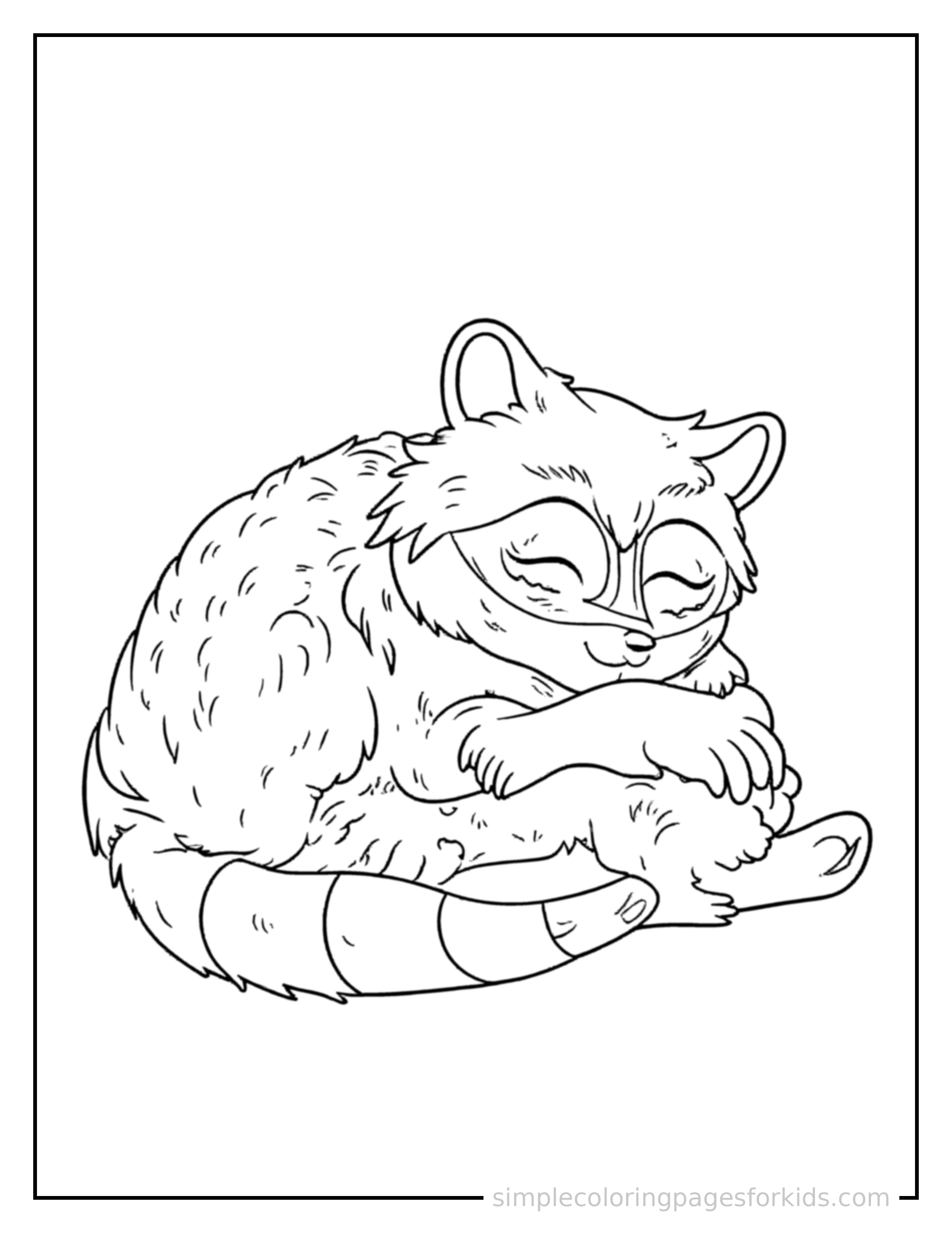 Free printable raccoon coloring page featuring a cute raccoon curled up fast asleep, peaceful smile, one eye scrunched shut, paws tucked under its chin.