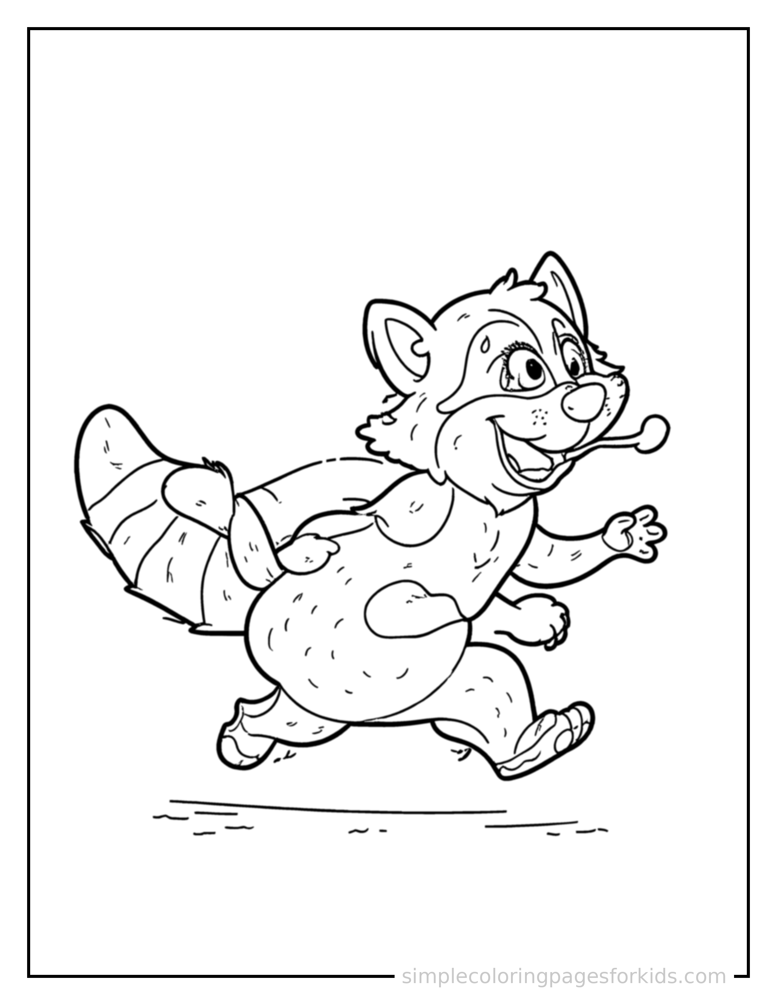 Free printable raccoon coloring page featuring a cute raccoon galloping forward at full speed, tongue out, ears flying back, big happy grin.