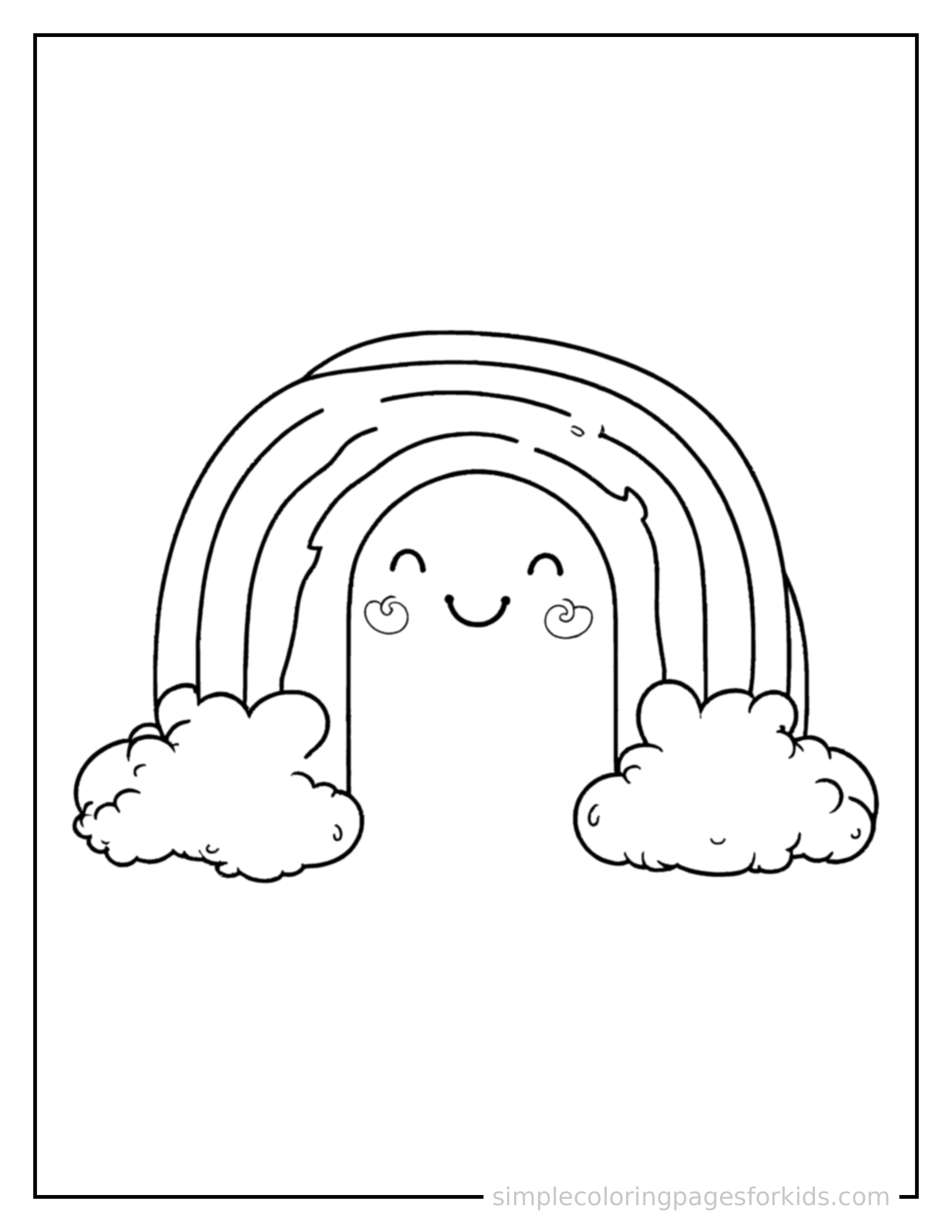 Free printable rainbow coloring page featuring a rainbow with a cute smiling face.