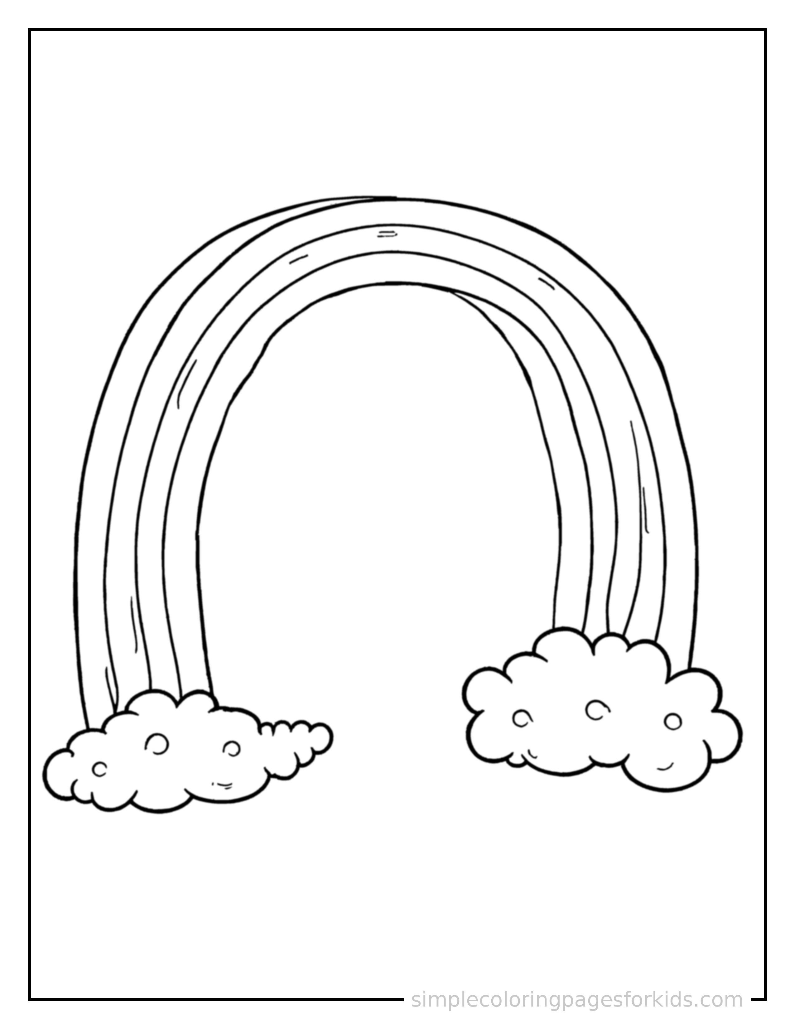 Free printable rainbow coloring page featuring a double rainbow arching side by side.