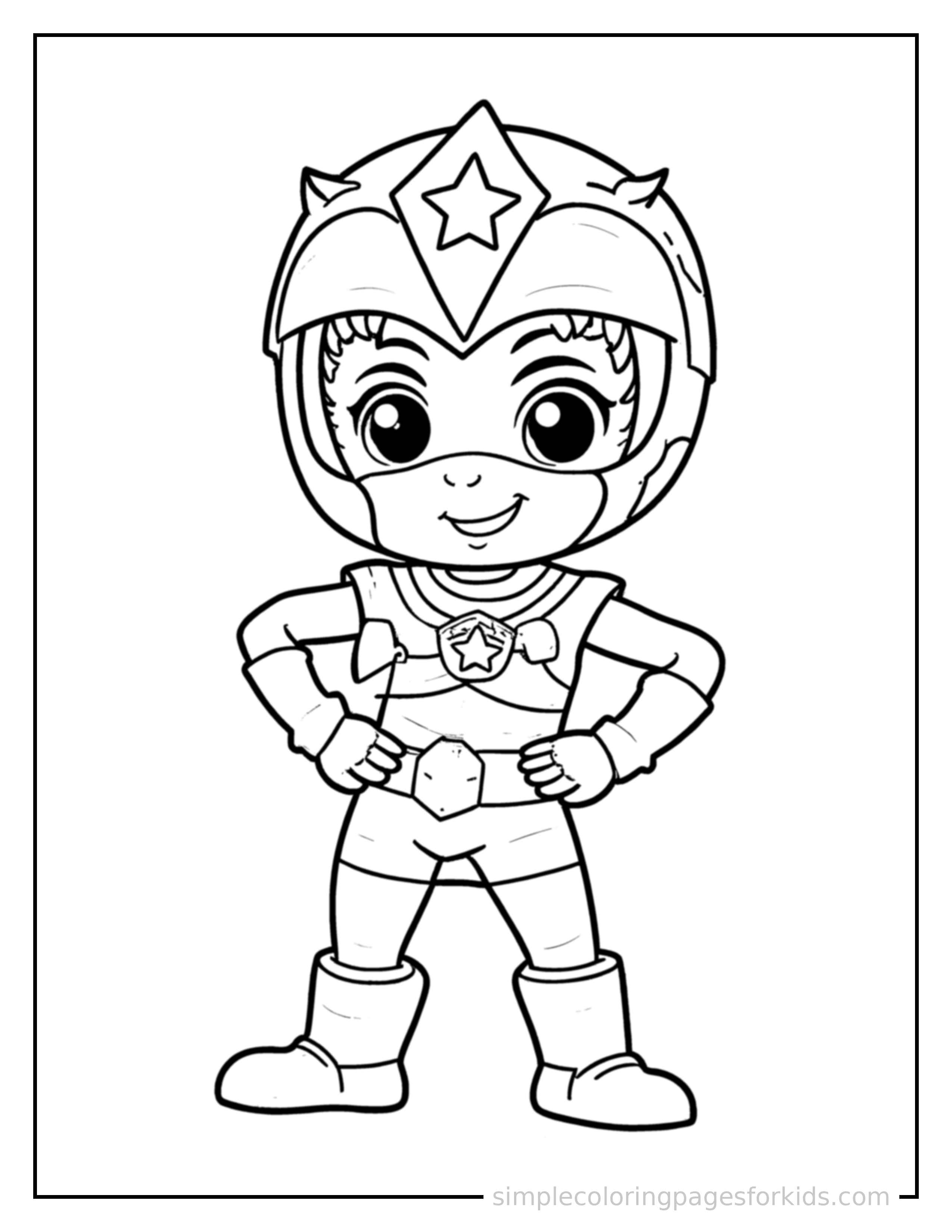 Free printable ranger squad hero coloring page featuring a cute masked ranger hero wearing a colorful helmet with a star emblem standing proudly with hands on hips, chest out, big sparkling happy eyes and open smile.