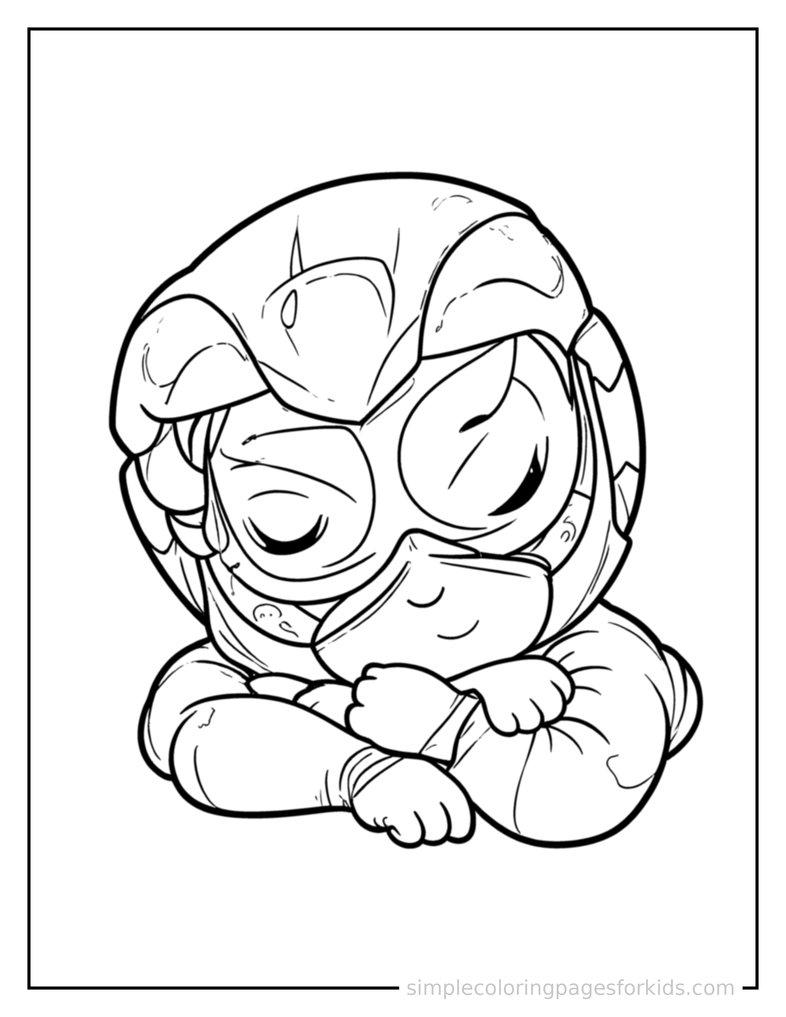 Free printable ranger squad hero coloring page featuring a cute masked ranger hero wearing a colorful helmet with a star emblem curled up fast asleep, peaceful smile, one eye scrunched shut, hands tucked under the chin.