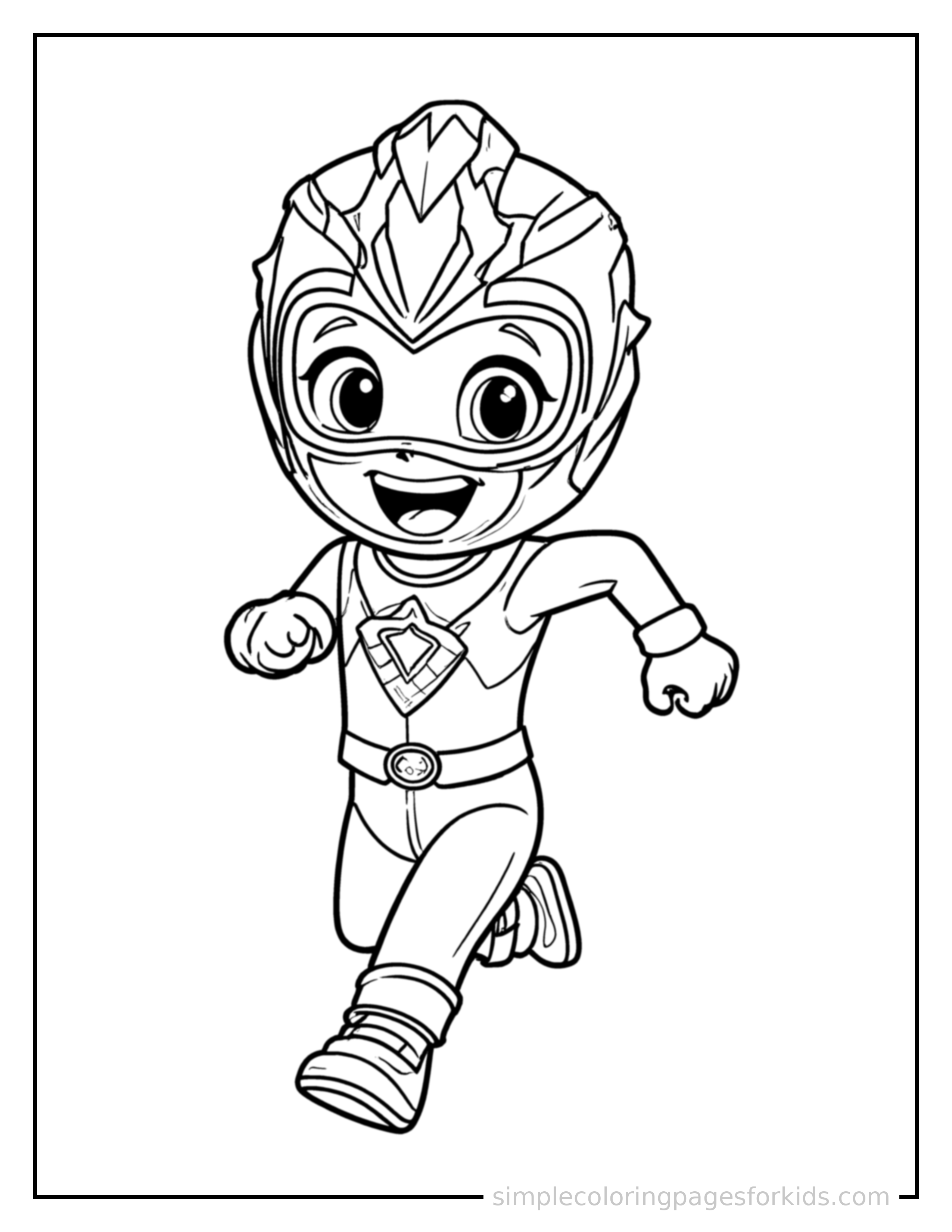Free printable ranger squad hero coloring page featuring a cute masked ranger hero wearing a colorful helmet with a star emblem running forward at full speed, arms pumping, big happy grin.