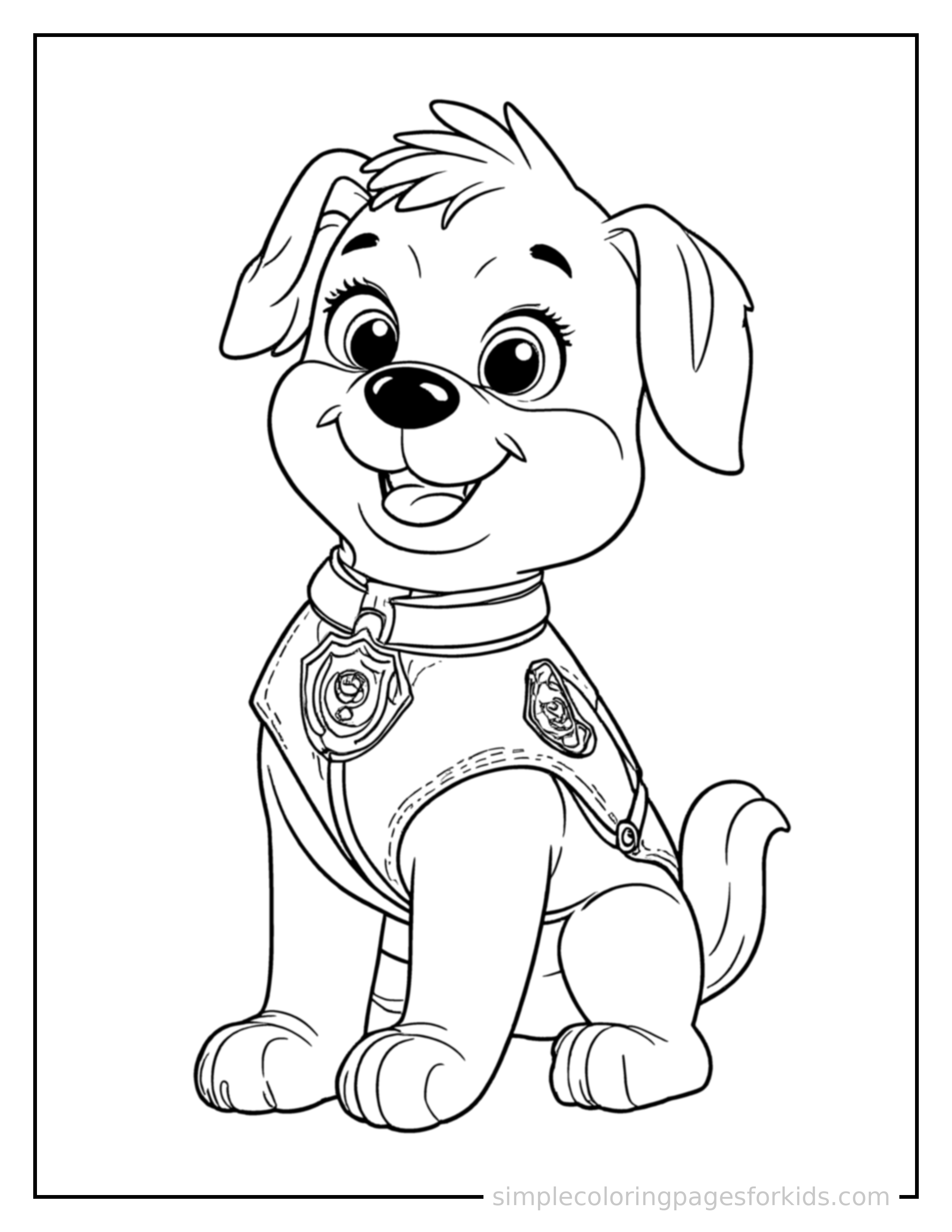 Free printable rescue pup coloring page featuring a cute puppy wearing a rescue team vest and badge sitting up tall with a big cheerful grin, head tilted slightly, one paw raised in a wave.