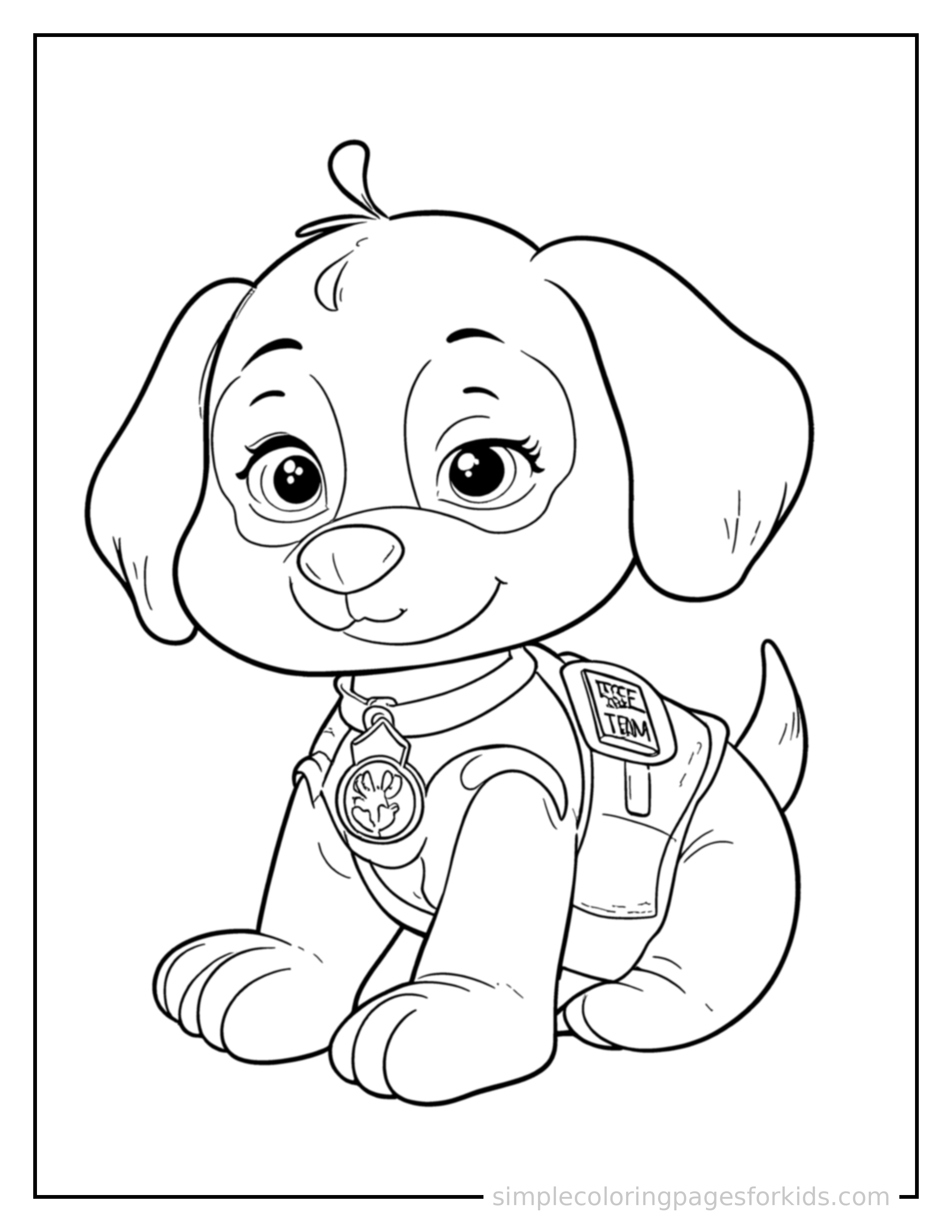 Free printable rescue pup coloring page featuring a cute puppy wearing a rescue team vest and badge curled up fast asleep, peaceful smile, one eye scrunched shut, paws tucked under its chin.