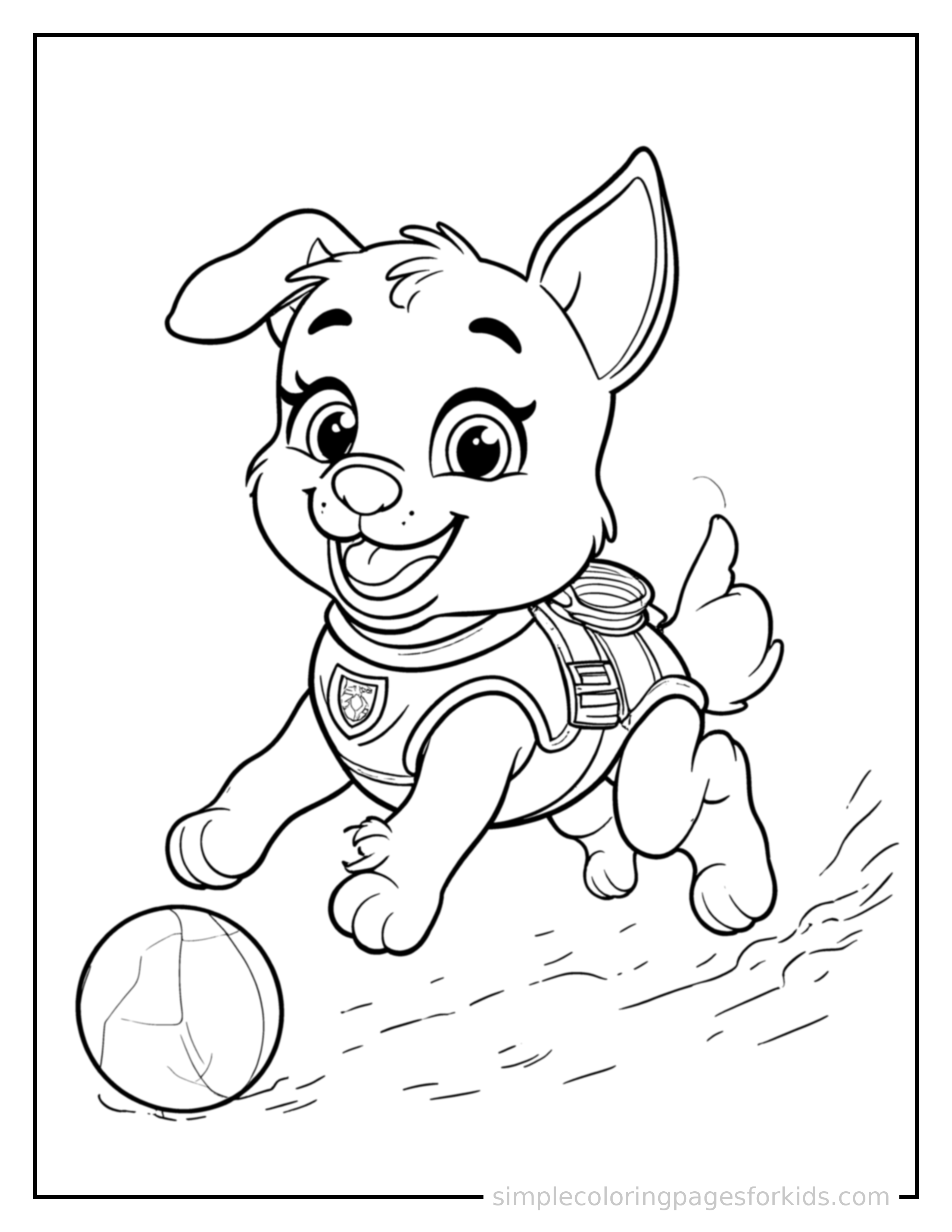 Free printable rescue pup coloring page featuring a cute puppy wearing a rescue team vest and badge mid-bounce chasing a round ball, front paws stretched forward, mouth open with excitement, ears flopping.