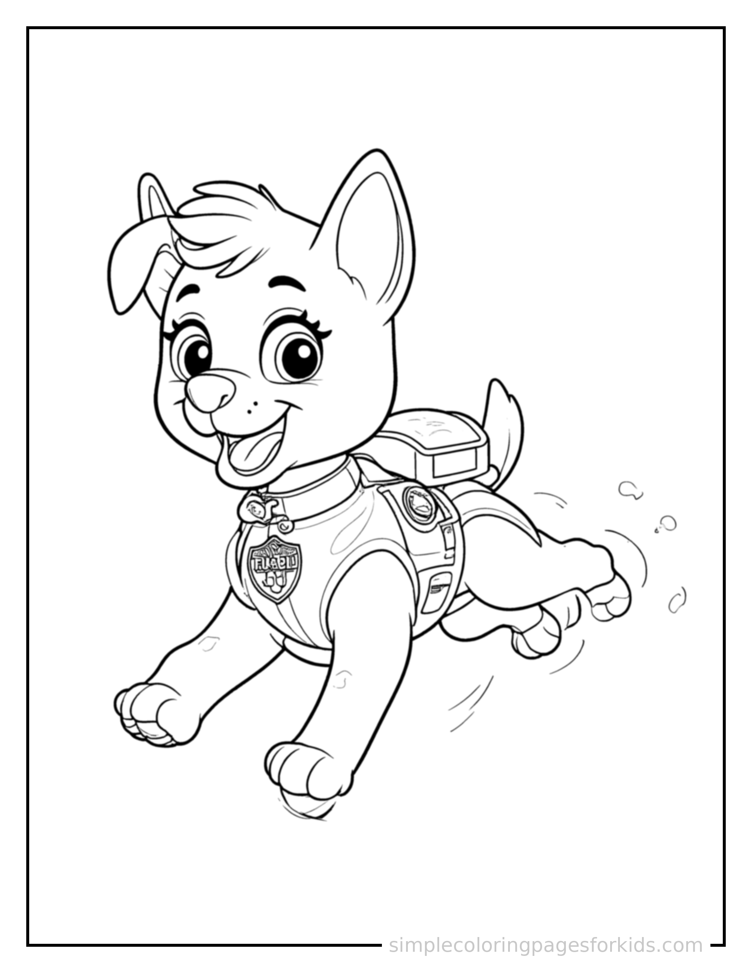 Free printable rescue pup coloring page featuring a cute puppy wearing a rescue team vest and badge galloping forward at full speed, tongue out, ears flying back, big happy grin.