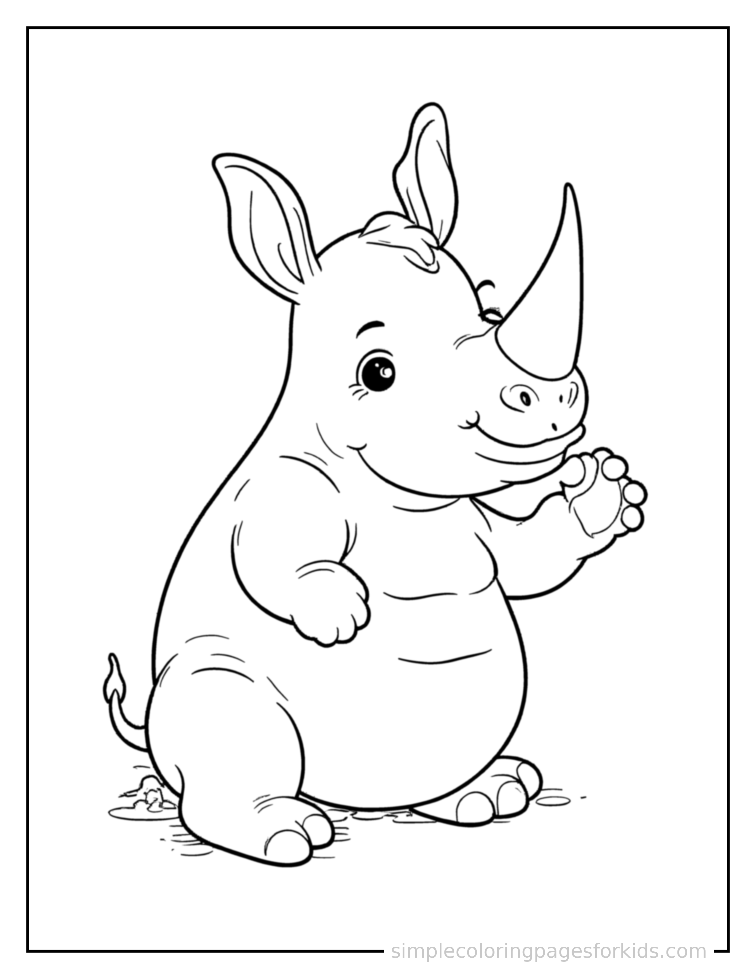 Free printable rhino coloring page featuring a cute rhino sitting up tall with a big cheerful grin, head tilted slightly, one paw raised in a wave.