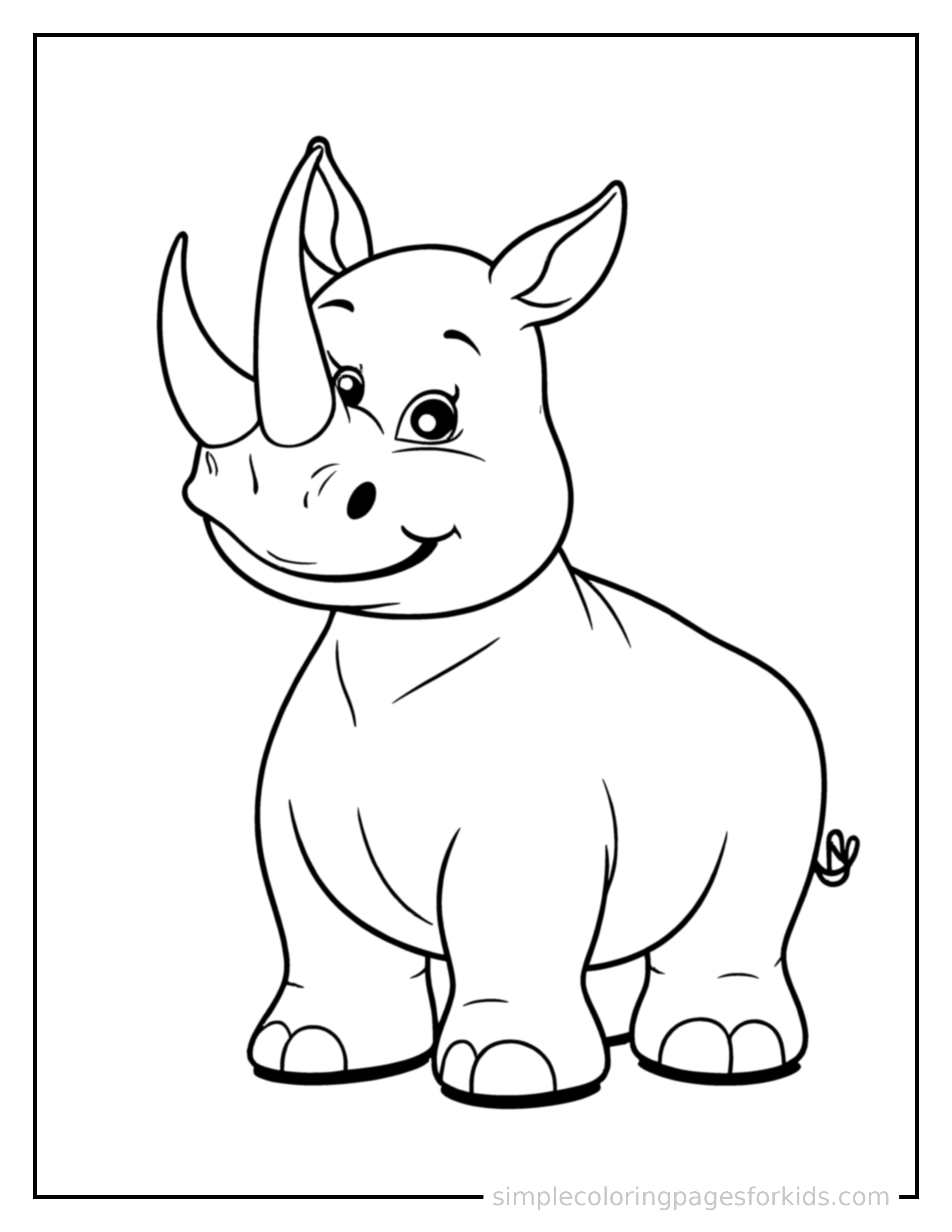Free printable rhino coloring page featuring a cute rhino standing proudly on all fours, chest puffed out, big sparkling happy eyes, mouth open in a joyful smile.
