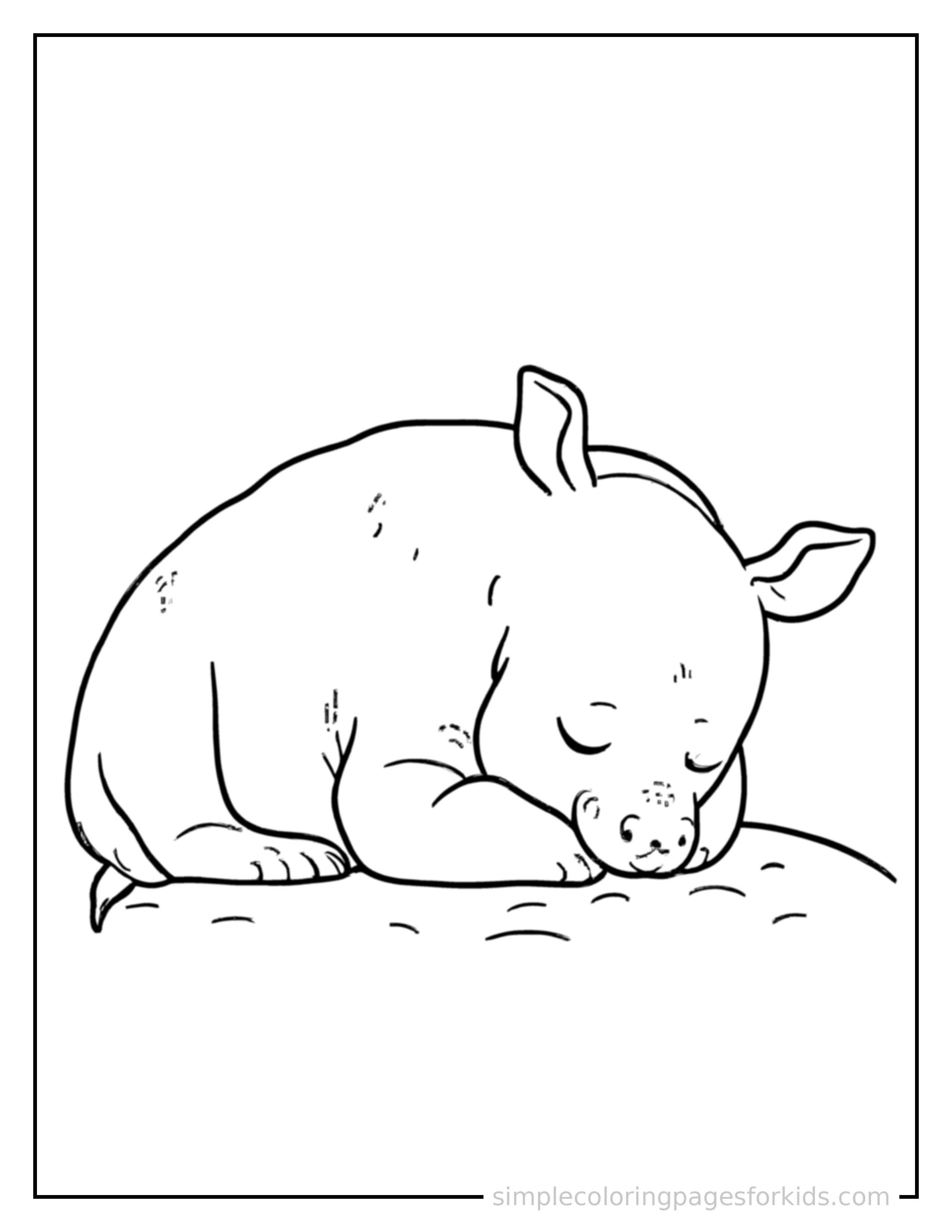 Free printable rhino coloring page featuring a cute rhino curled up fast asleep, peaceful smile, one eye scrunched shut, paws tucked under its chin.