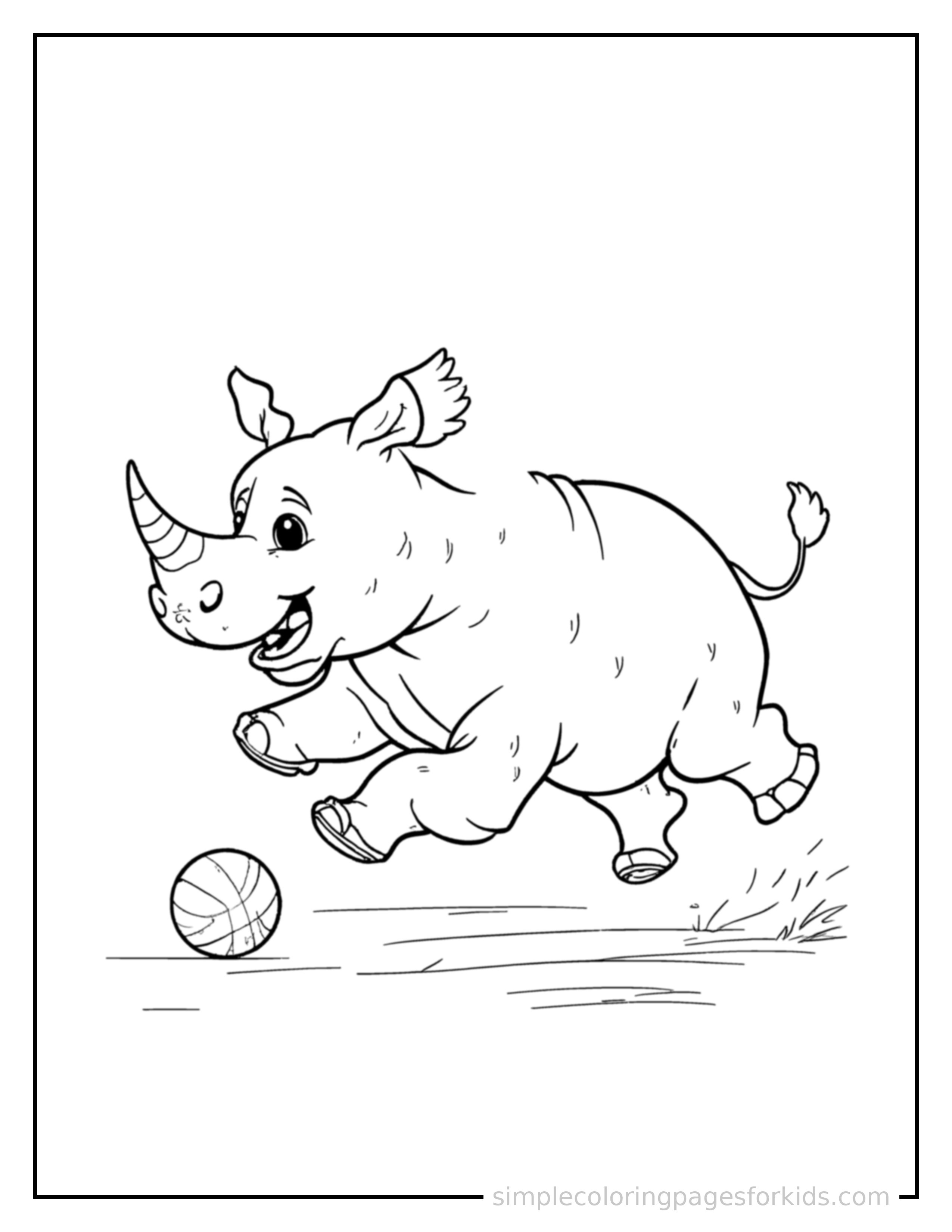 Free printable rhino coloring page featuring a cute rhino mid-bounce chasing a round ball, front paws stretched forward, mouth open with excitement, ears flopping.