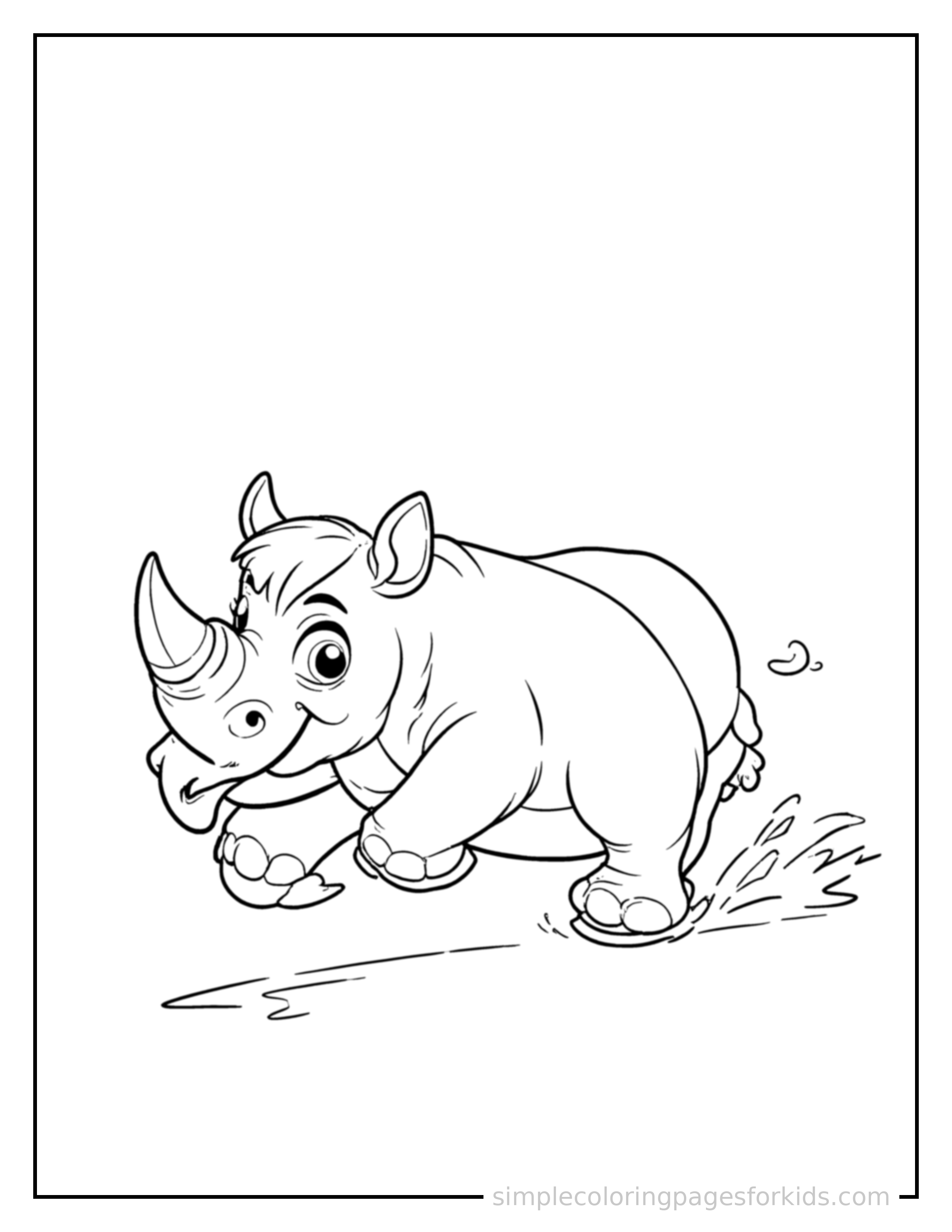 Free printable rhino coloring page featuring a cute rhino galloping forward at full speed, tongue out, ears flying back, big happy grin.