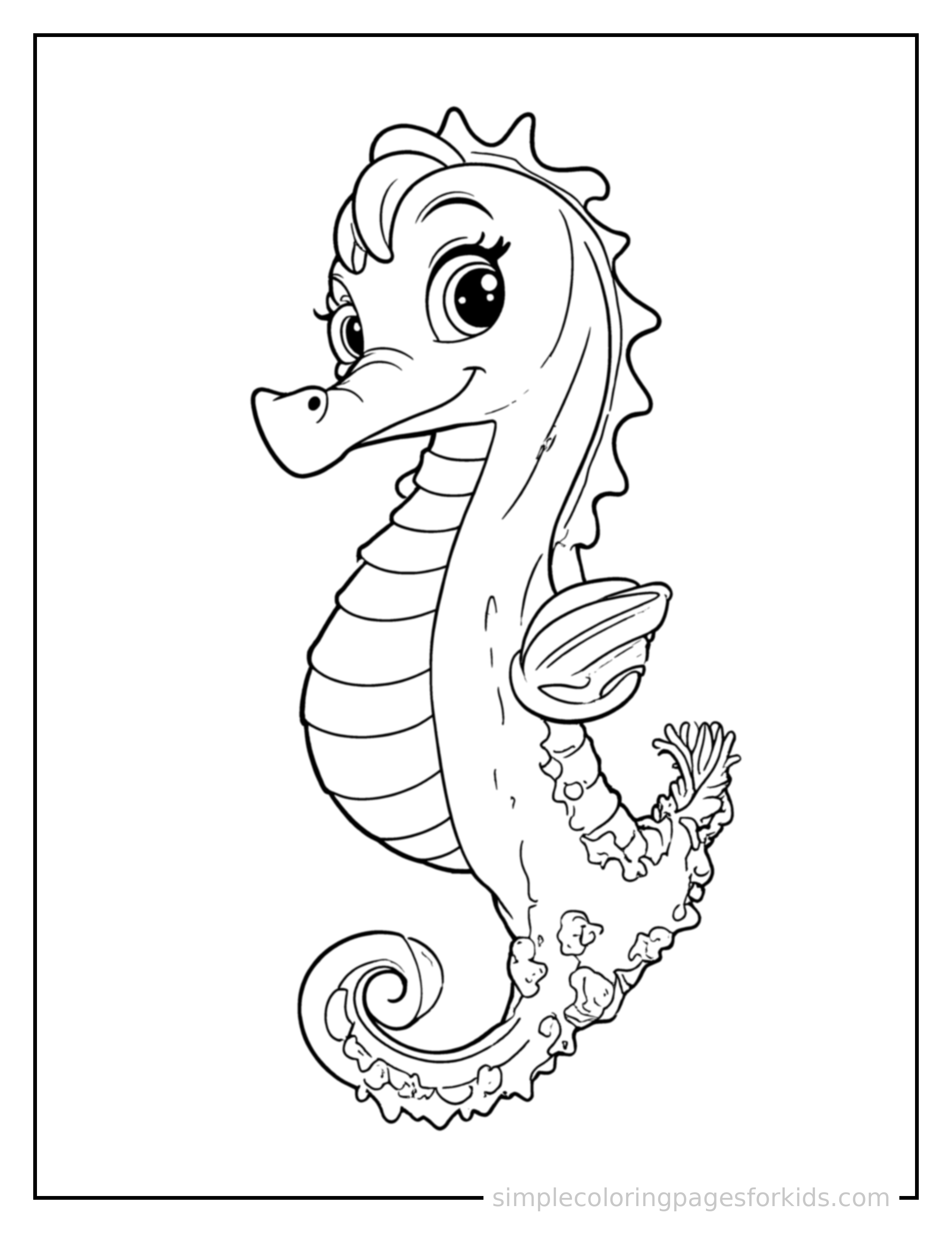Free printable seahorse coloring page featuring a cute seahorse standing proudly on all fours, chest puffed out, big sparkling happy eyes, mouth open in a joyful smile.