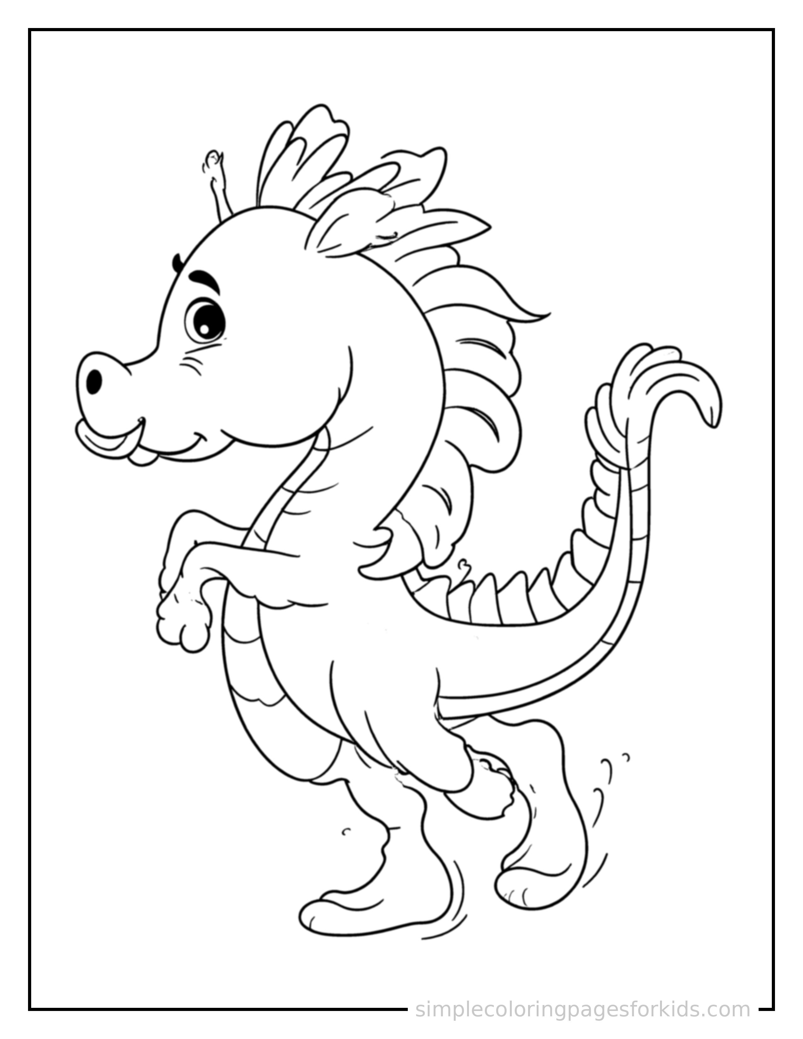 Free printable seahorse coloring page featuring a cute seahorse galloping forward at full speed, tongue out, ears flying back, big happy grin.