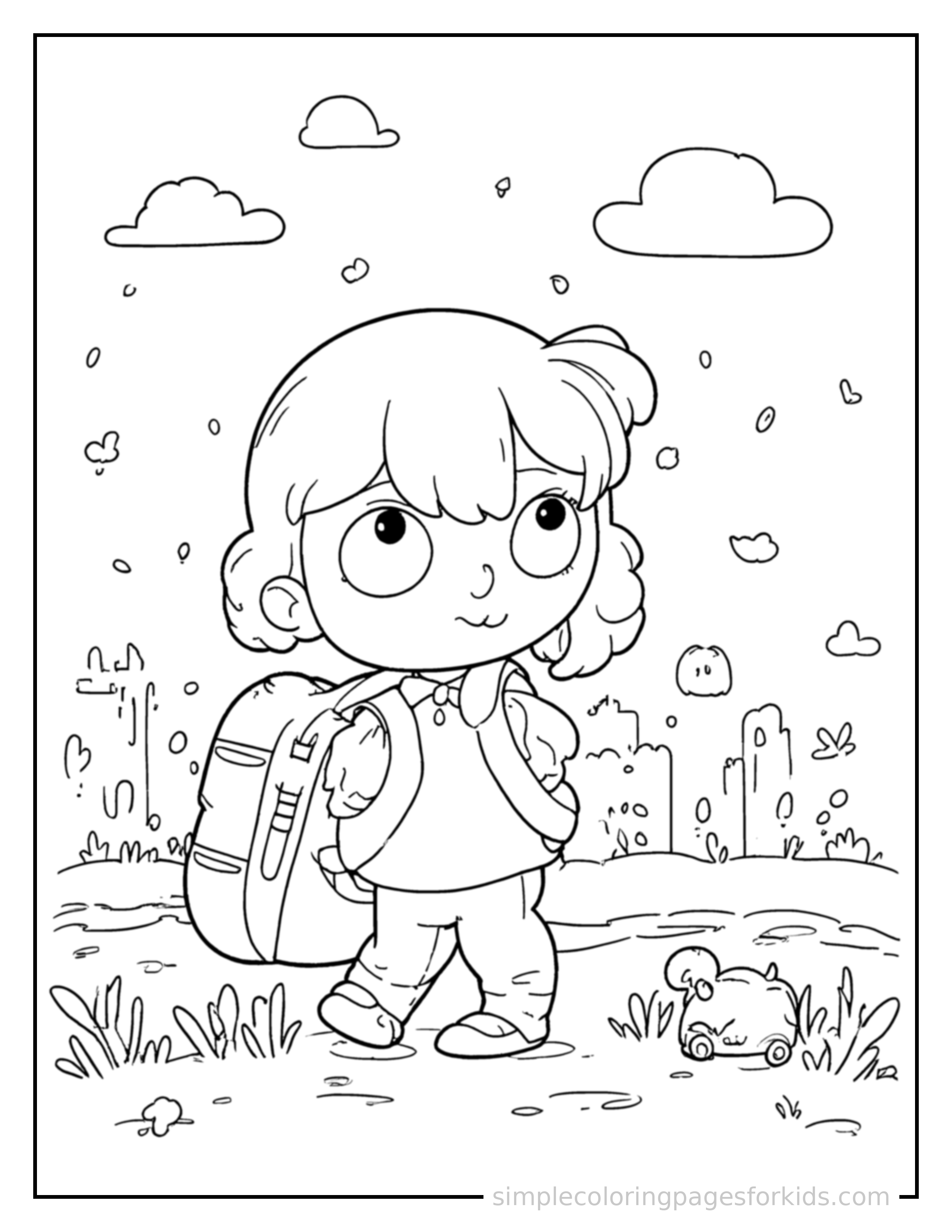 Free printable back to school scene in autumn coloring page featuring a cute back to school scene in autumn, shown with a smaller mini version of itself beside it.