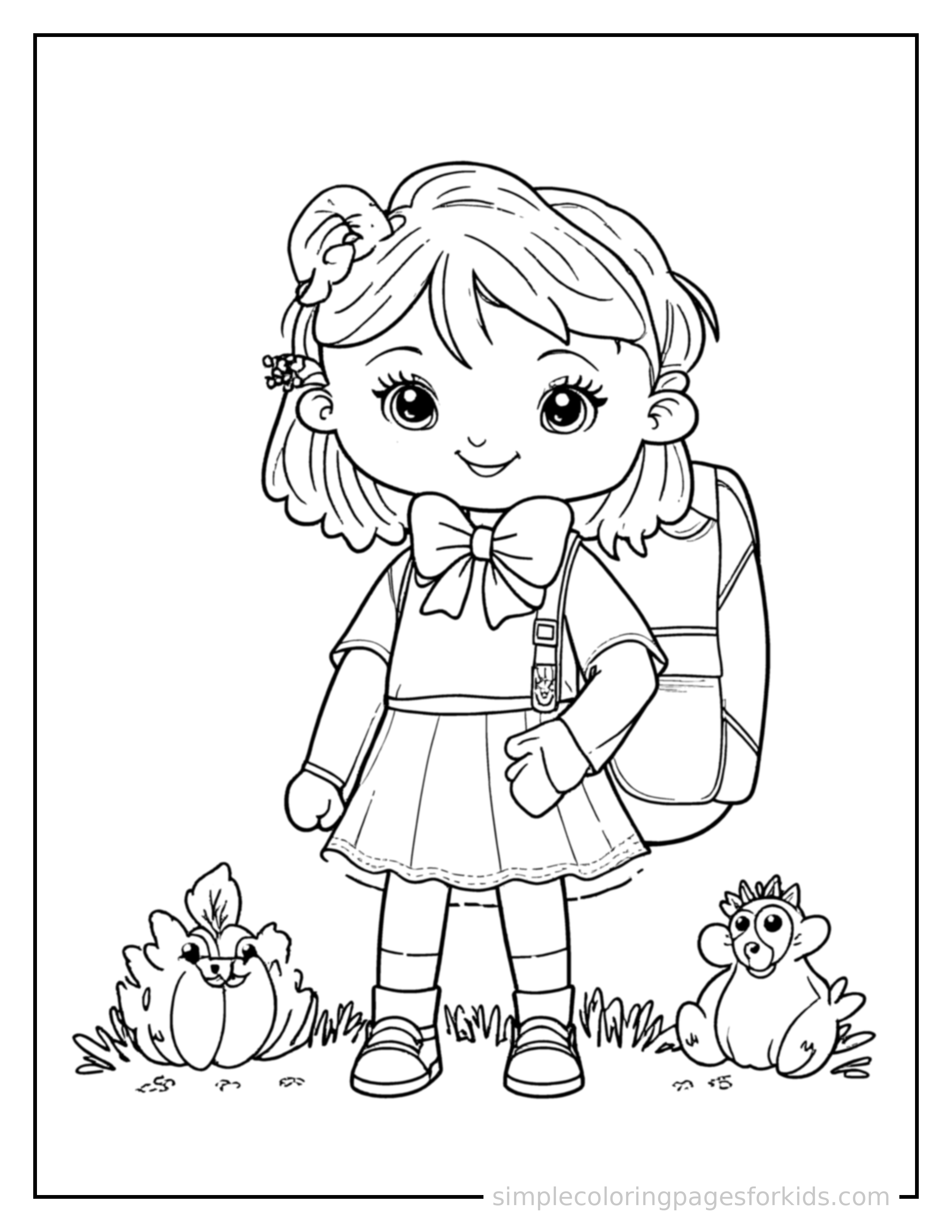 Free printable back to school scene in autumn coloring page featuring a cute back to school scene in autumn, decorated with a simple bow or ribbon for a festive touch.