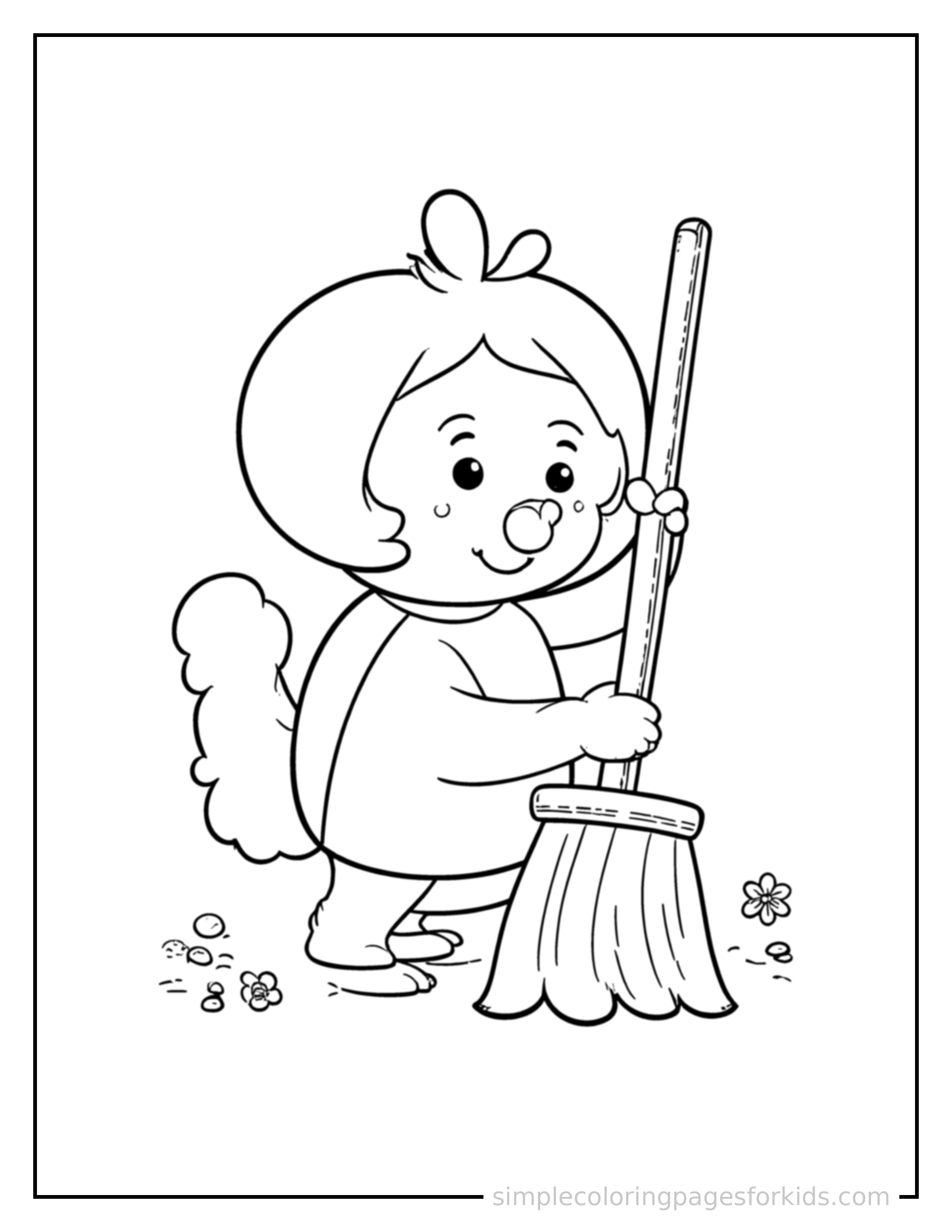 Free printable spring cleaning with a broom coloring page featuring a cute spring cleaning with a broom, shown from a slightly different angle with small decorative sparkle marks nearby.