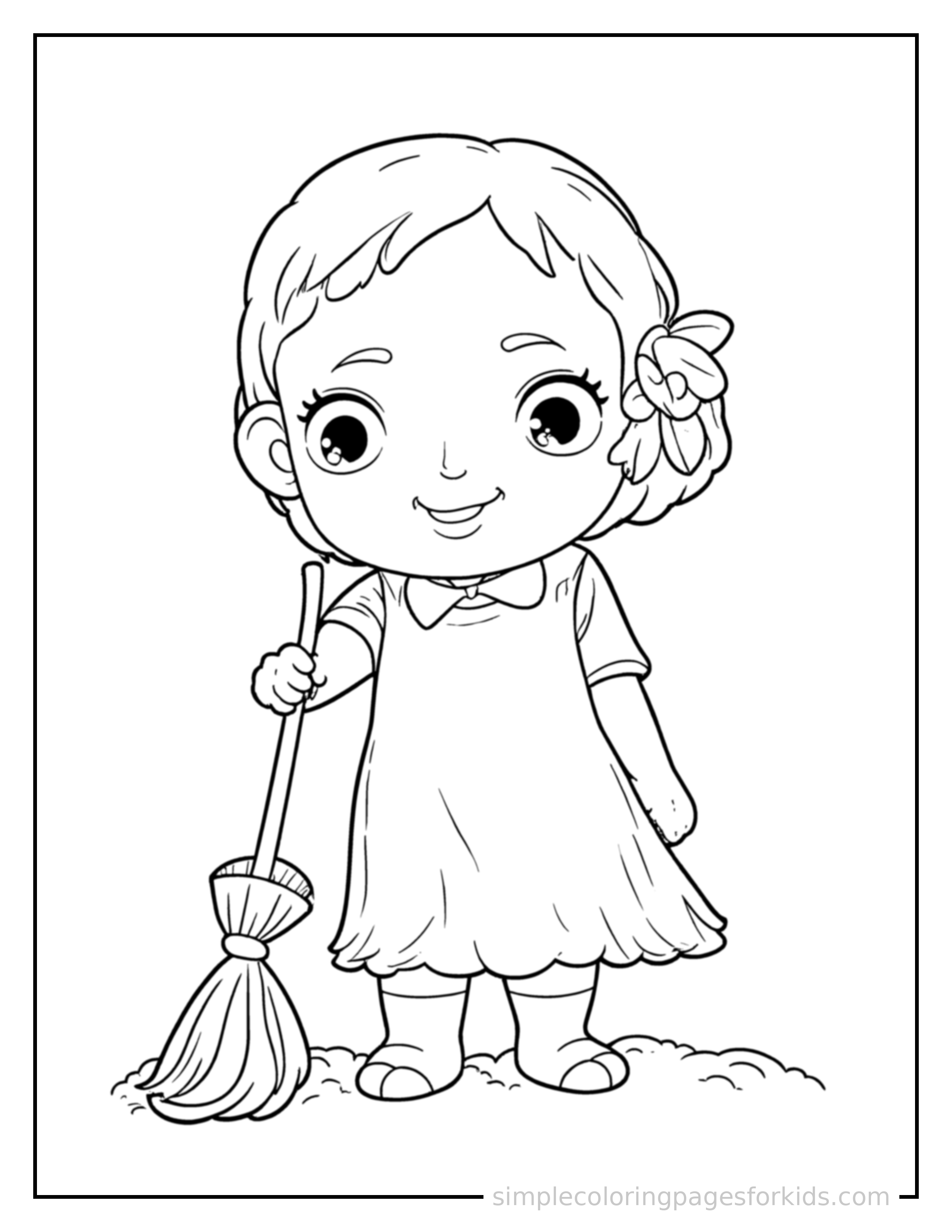 Free printable spring cleaning with a broom coloring page featuring a cute spring cleaning with a broom, decorated with a simple bow or ribbon for a festive touch.
