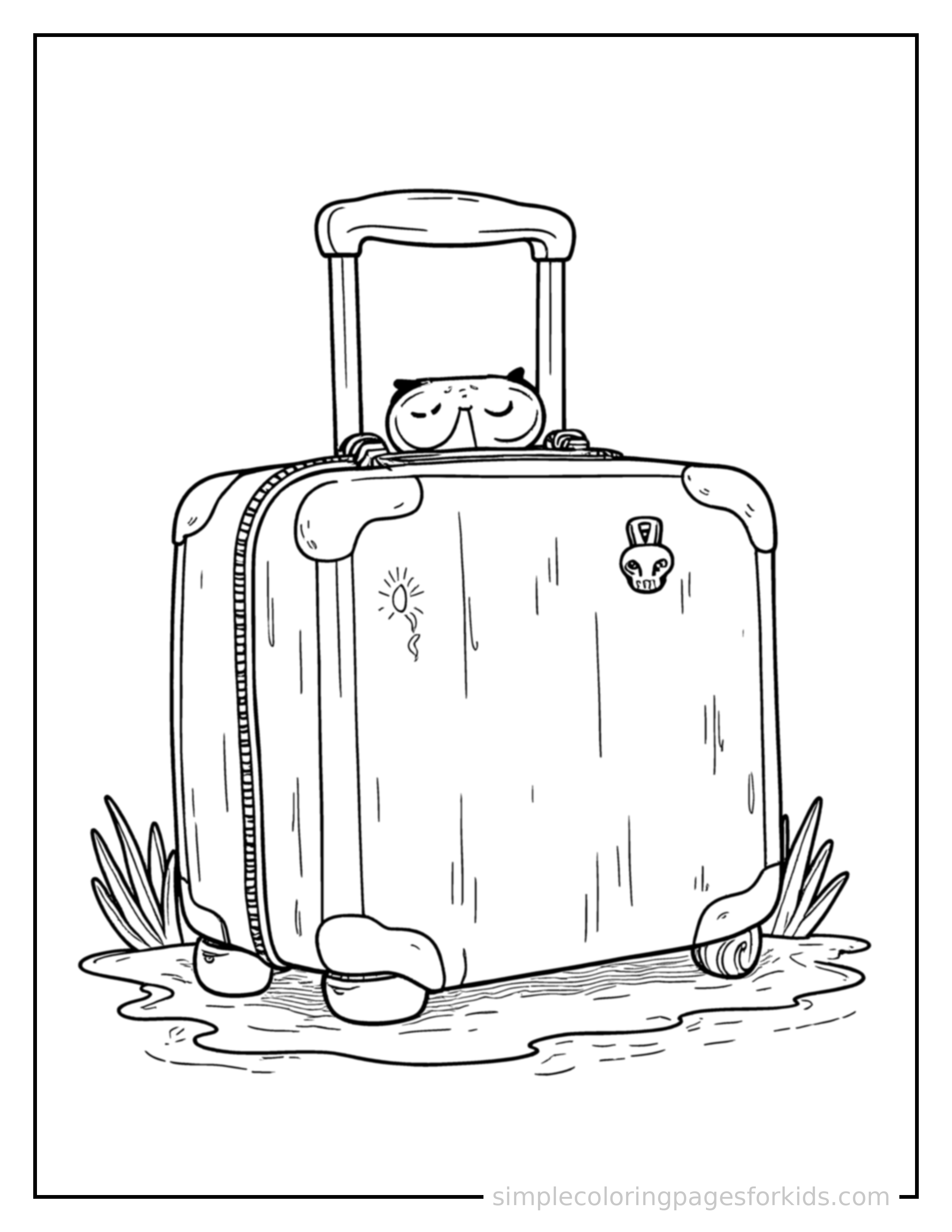 Free printable summer vacation suitcase coloring page featuring a cute summer vacation suitcase, shown as a simple central illustration with a cute smiling face.