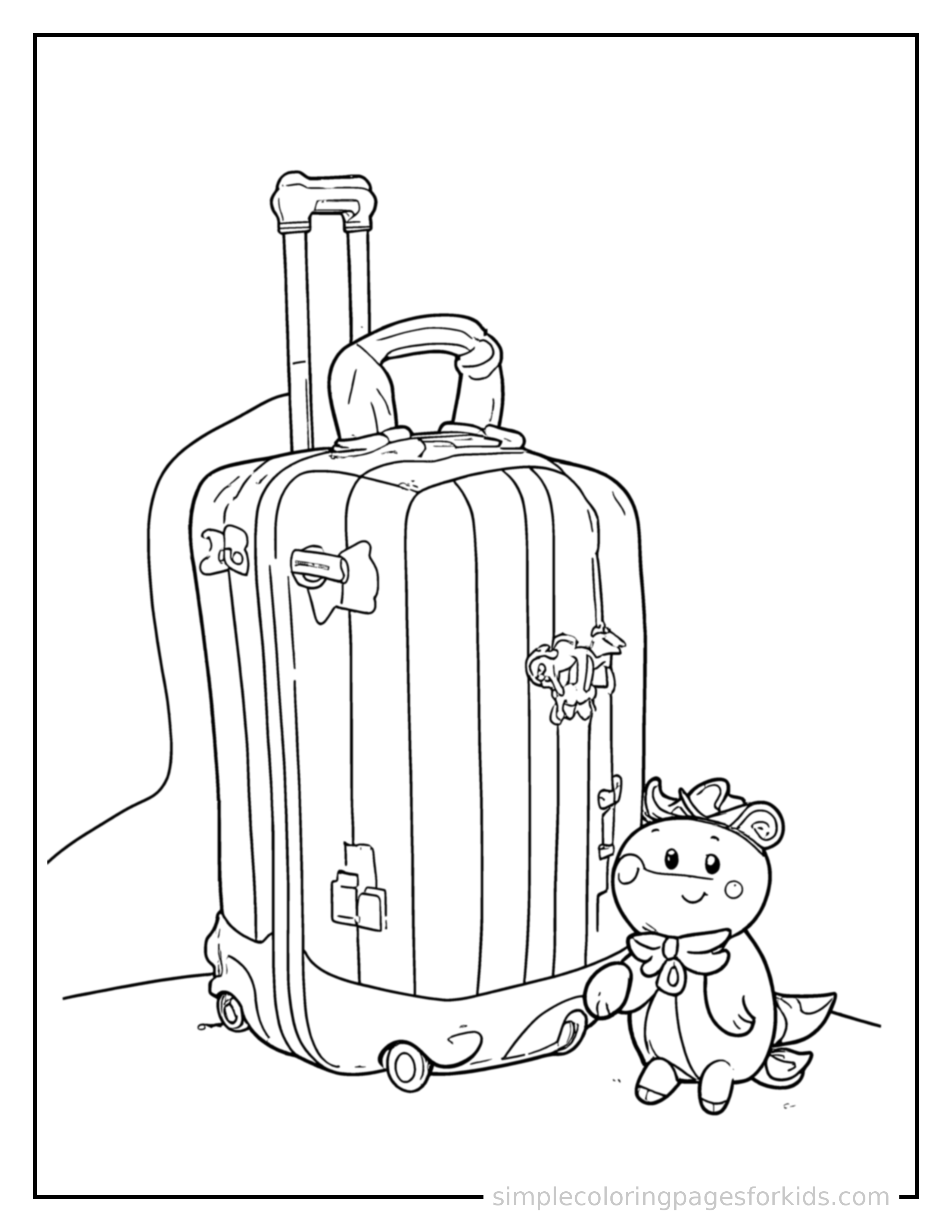 Free printable summer vacation suitcase coloring page featuring a cute summer vacation suitcase, shown with a smaller mini version of itself beside it.