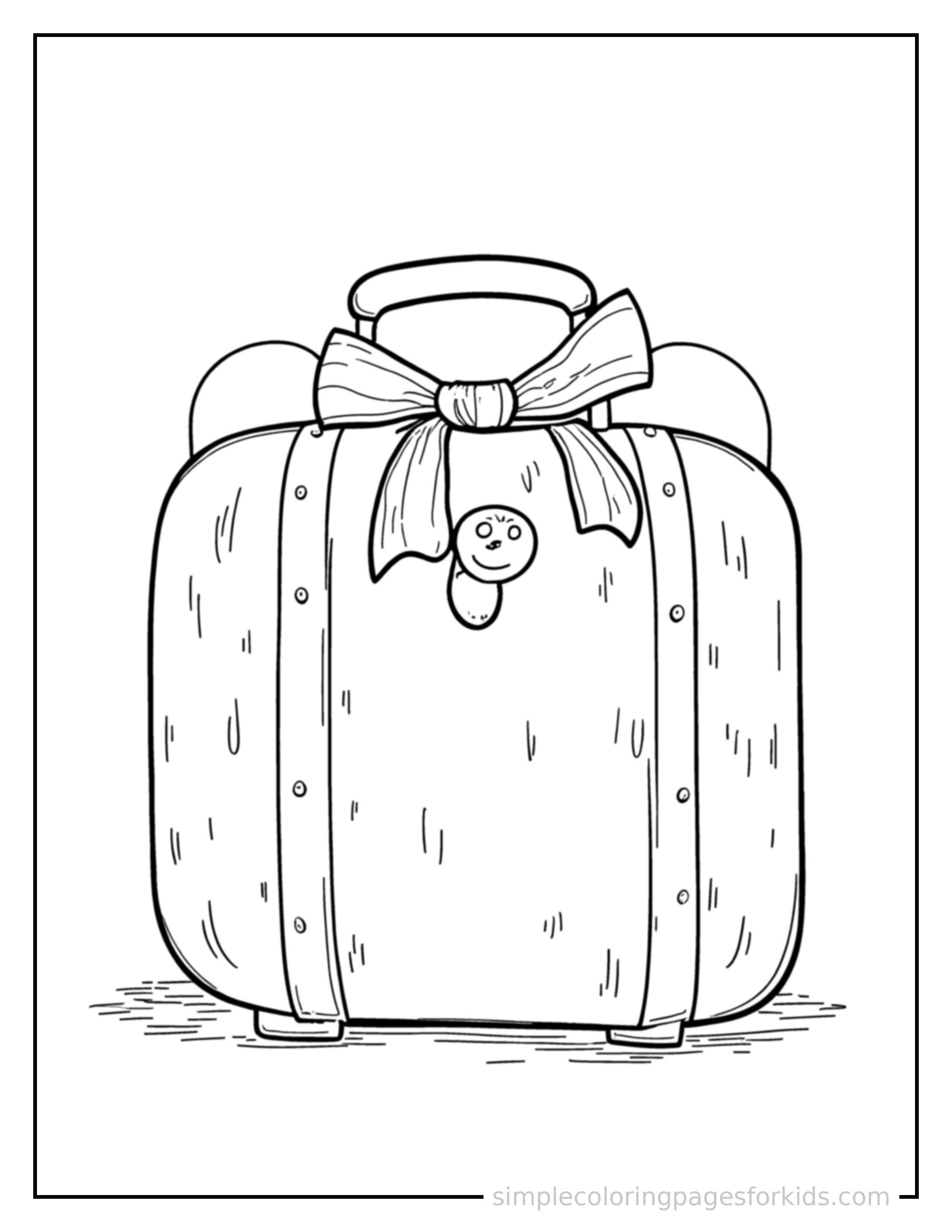 Free printable summer vacation suitcase coloring page featuring a cute summer vacation suitcase, decorated with a simple bow or ribbon for a festive touch.