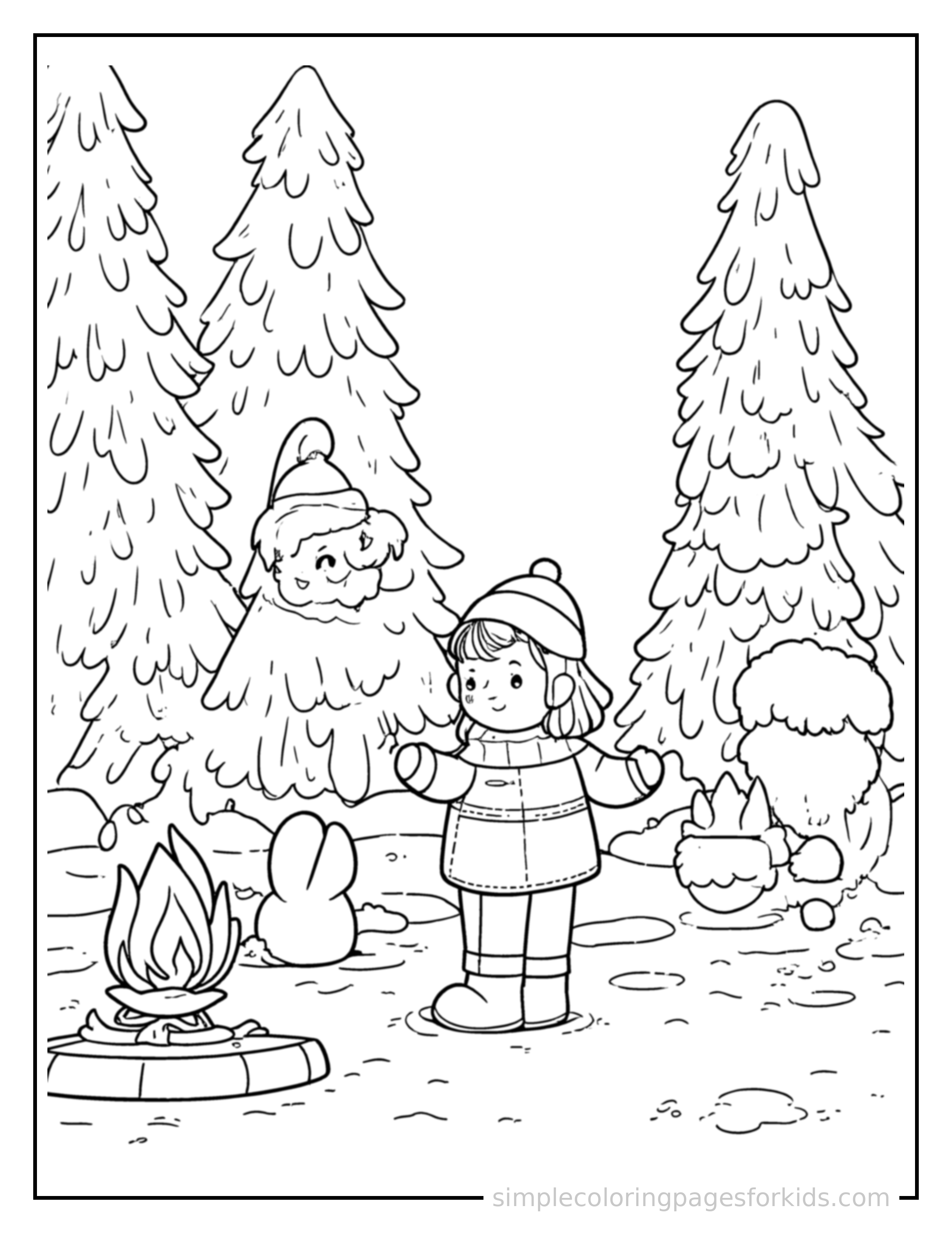 Free printable cozy winter break scene by the fire coloring page featuring a cute cozy winter break scene by the fire, shown from a slightly different angle with small decorative sparkle marks nearby.